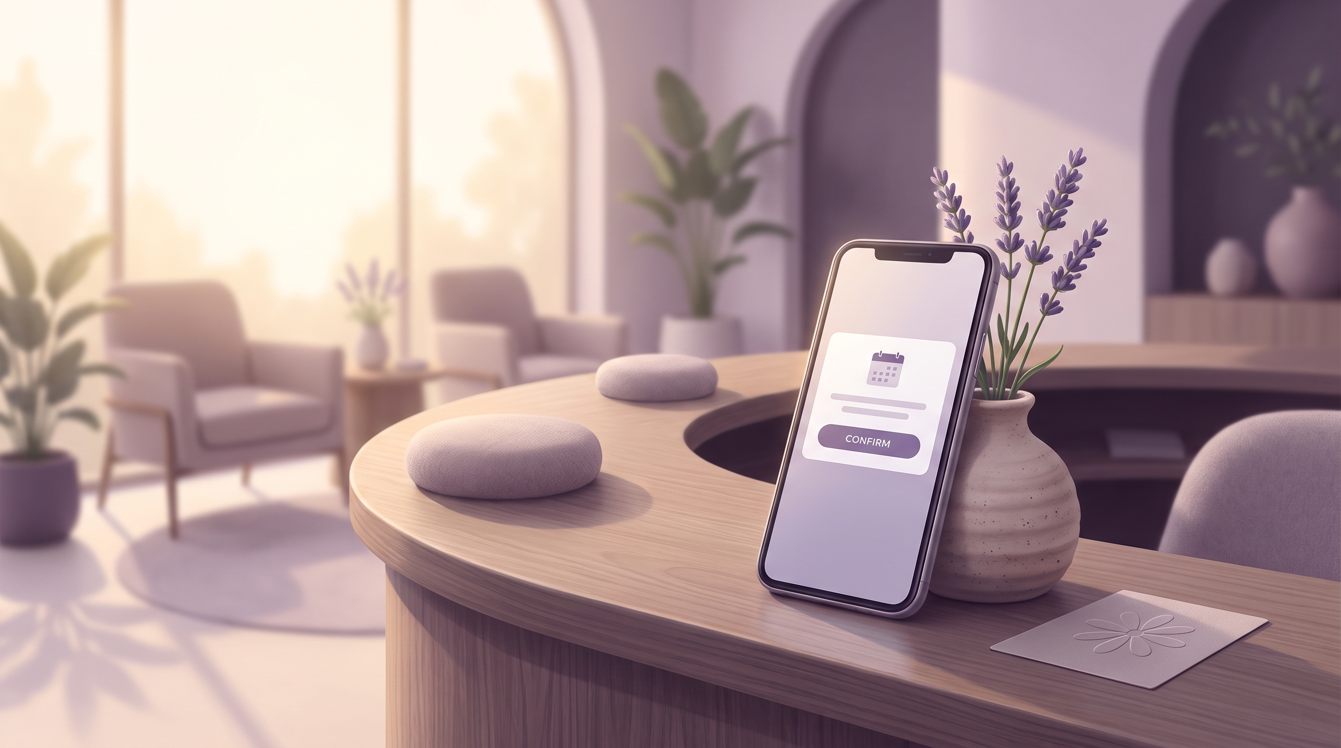 A smartphone propped on a calm clinic reception desk showing a tidy appointment reminder notification, beside a sprig of lavender in soft morning light