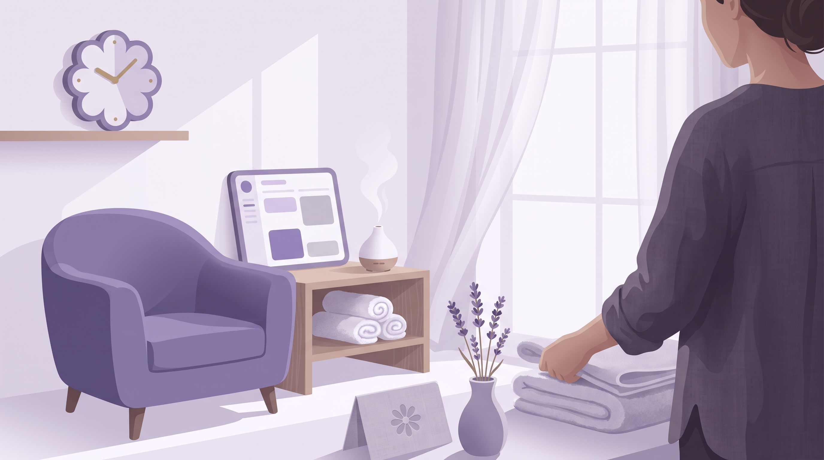A therapist calmly resets a treatment room between clients, folding fresh towels beside a diffuser, a booking calendar and a clock, illustrating buffer time between appointments