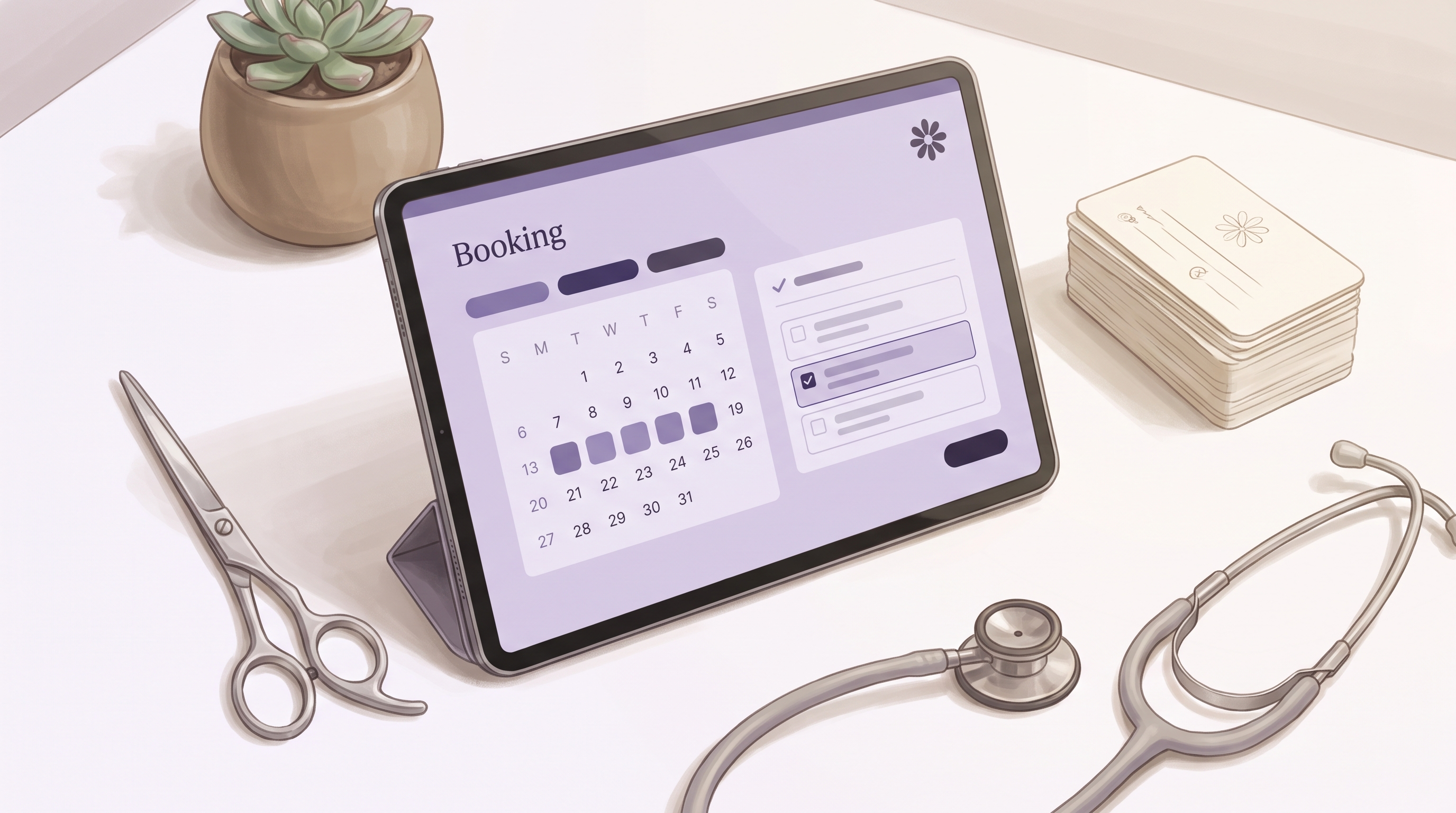 A tablet on a soft lavender-toned desk showing a clean booking calendar interface with the Appoint Me daisy mark, surrounded by hairdressing scissors, a stethoscope and appointment cards representing different appointment-led businesses