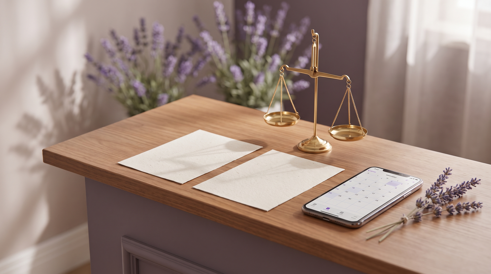 A salon reception desk with two blank price cards, a small brass balance scale, a phone showing a booking calendar and a sprig of lavender