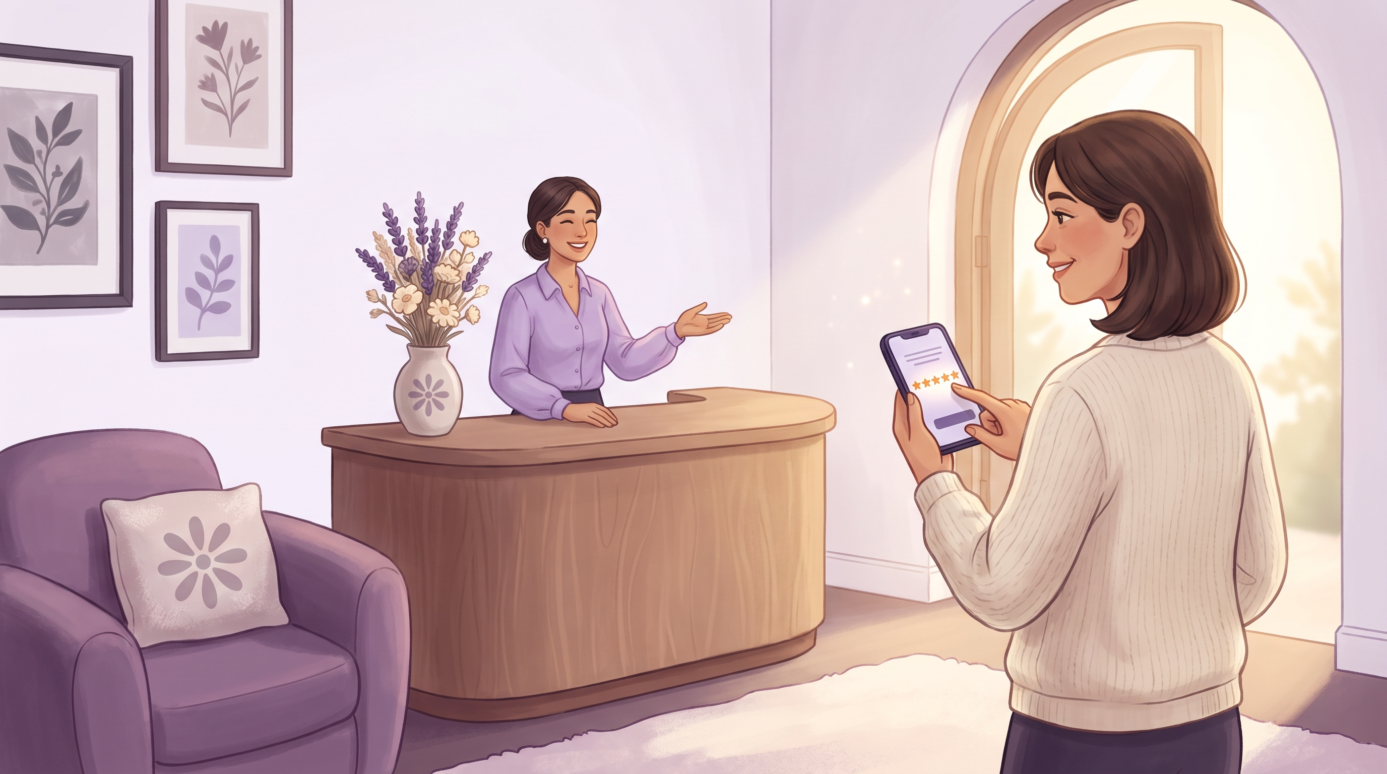 Illustration of a smiling receptionist at a lavender-toned salon or clinic reception desk greeting a client who is tapping a five-star review on her phone, with a daisy motif on the vase and cushion