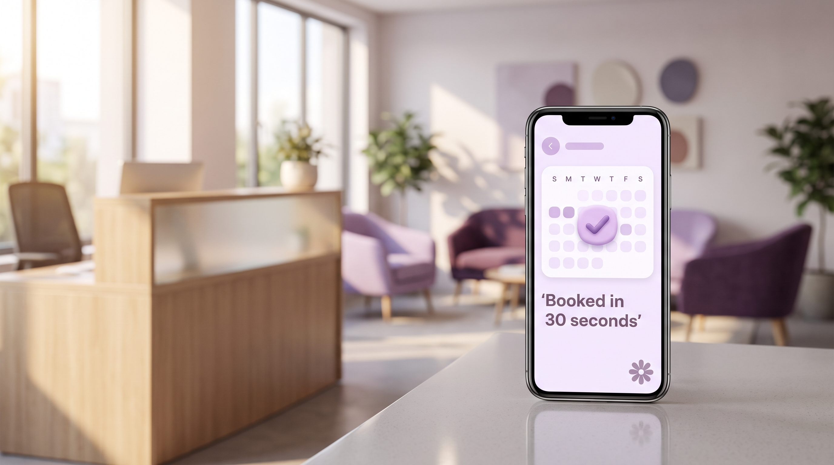 A softly lit appointment-business reception with a phone in the foreground showing a lavender booking calendar and a confirmed-booking tick