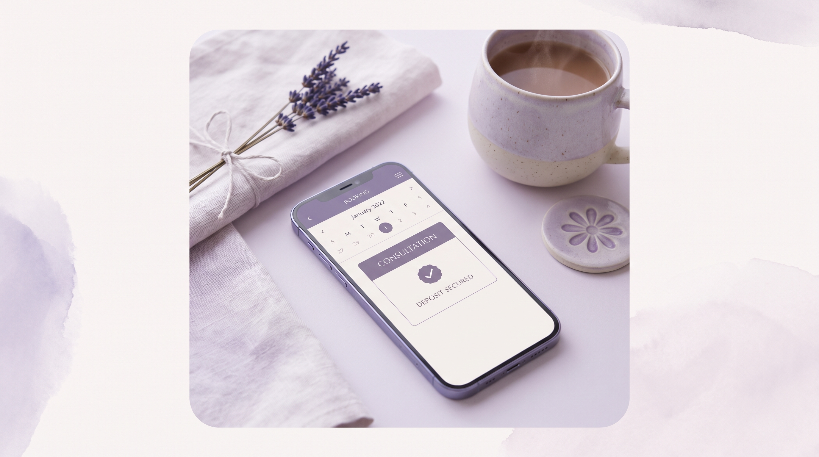 A softly-lit lavender flat-lay with a smartphone showing a tidy booking calendar, one appointment confirmed and a deposit secured, in Appoint Me's calm Lavender brand style.