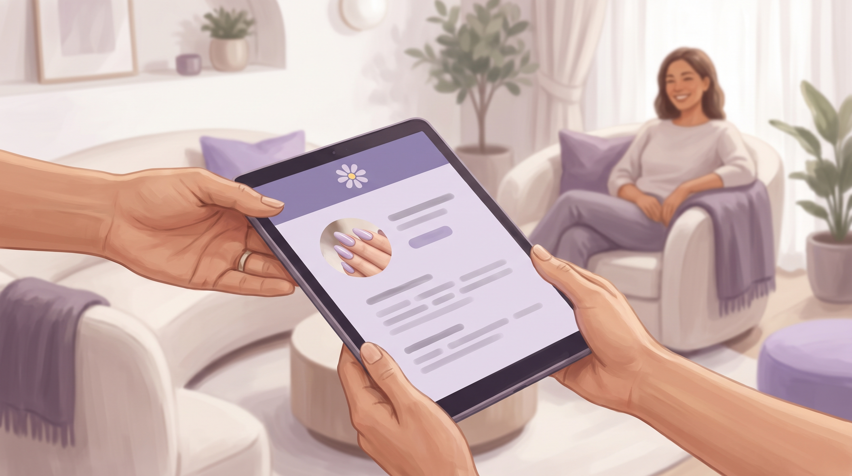 Two practitioners' hands passing a tablet that shows a client's card with a photo of her usual soft-lilac almond manicure, while the smiling client relaxes in a lavender-toned studio behind them