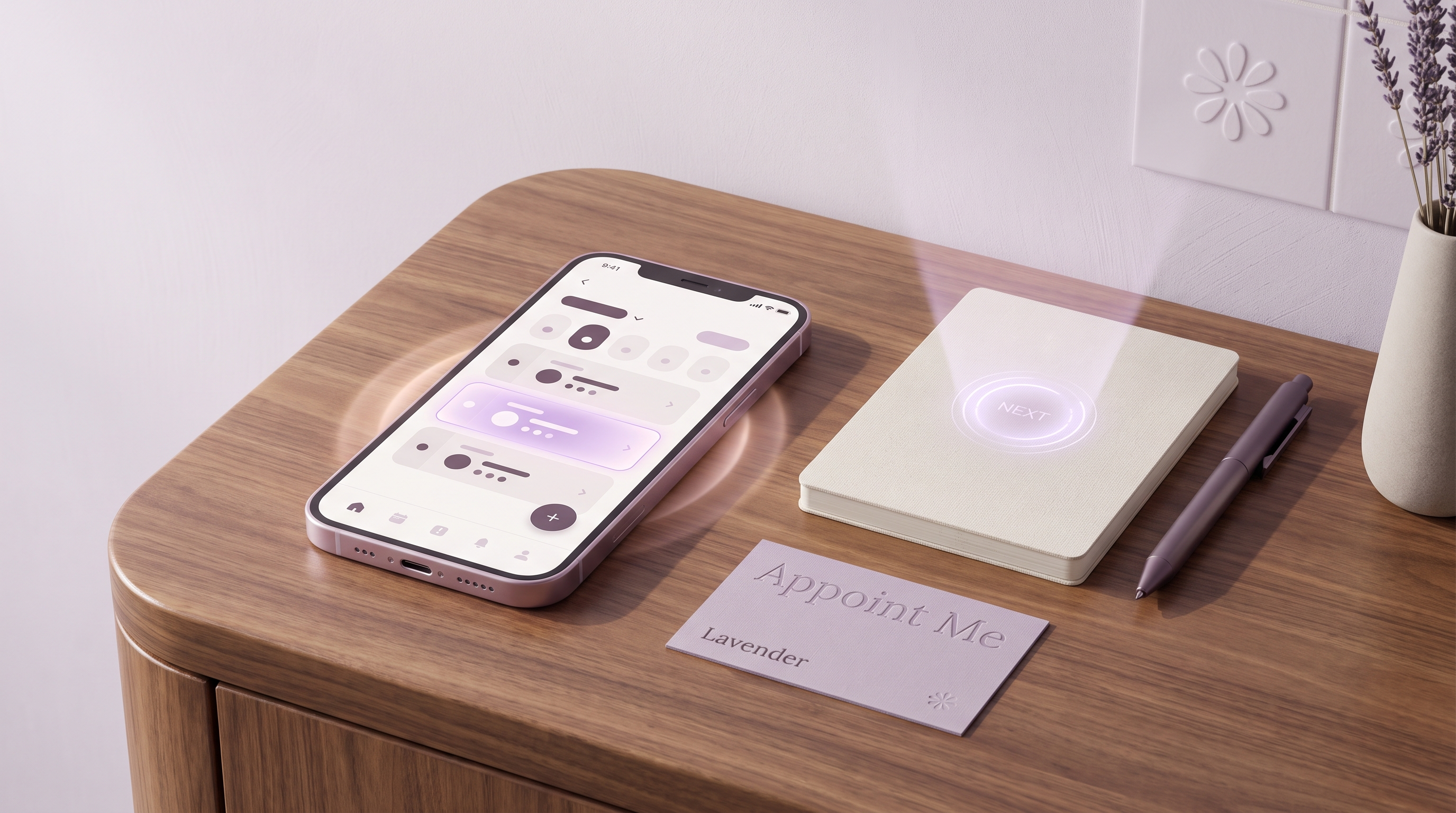 A smartphone showing a soft lavender booking app interface next to a notebook glowing with a 'next' indicator on a wooden reception desk, symbolising an appointment waitlist filling a cancelled slot instantly.