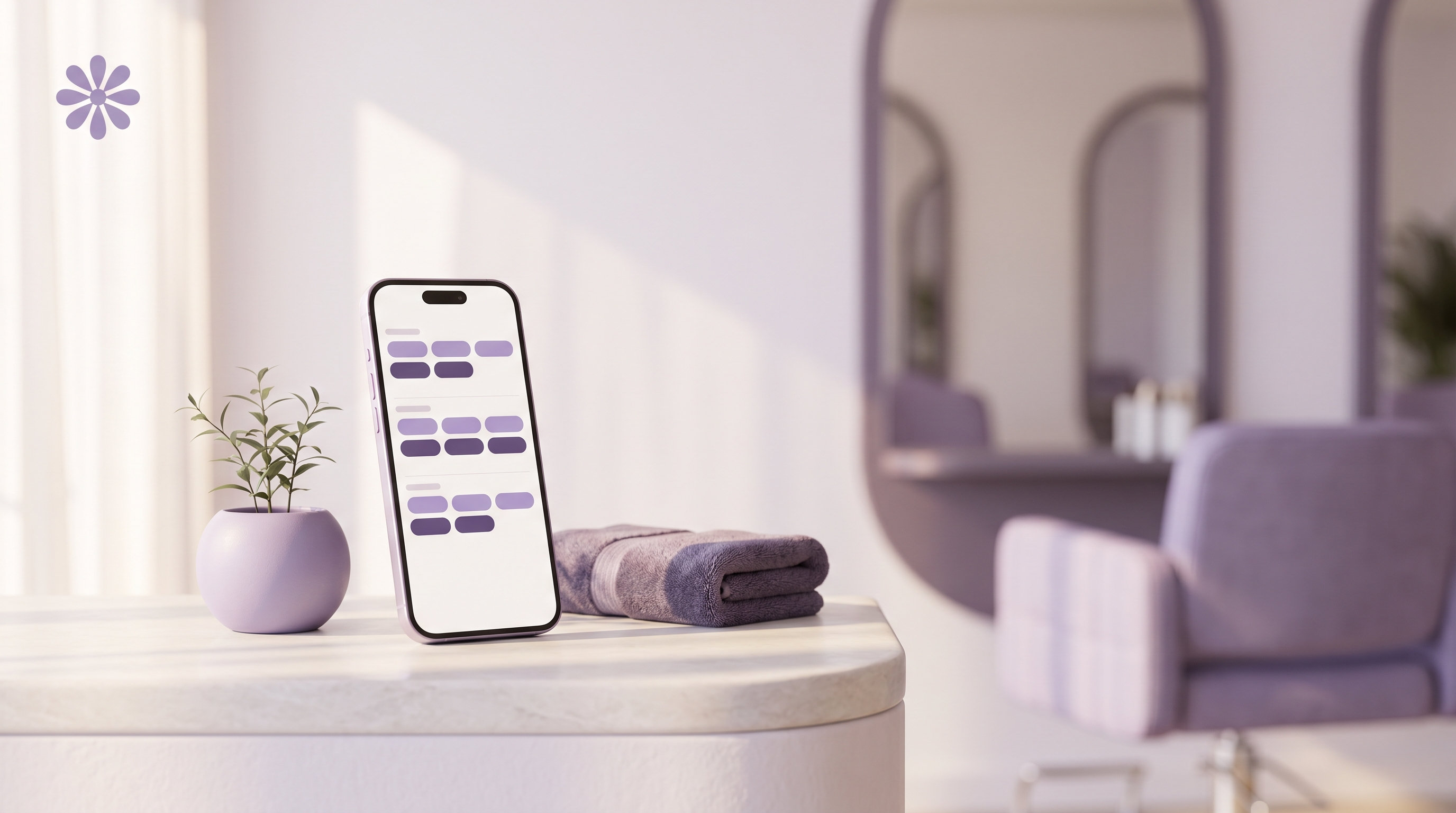 A smartphone showing a tidy lavender appointment calendar on a calm, softly-lit salon reception counter, in Appoint Me's Lavender brand style