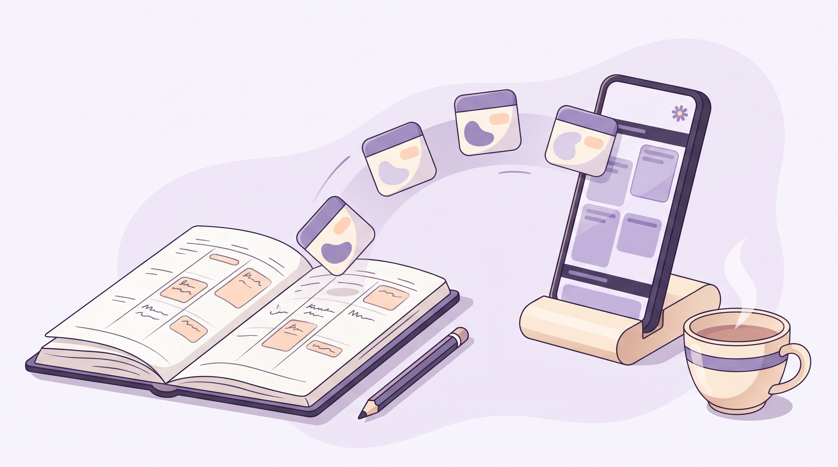 Open paper appointment diary beside a phone showing a tidy lavender online booking calendar, with appointment cards drifting from the page to the screen