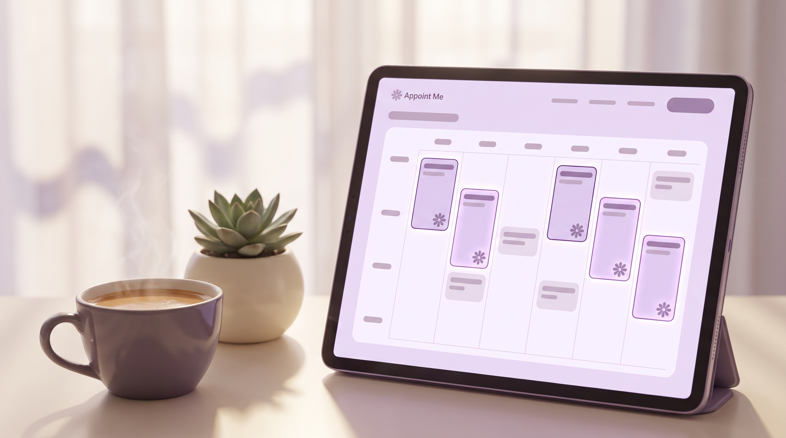 A tablet on a warm reception desk showing the Appoint Me booking calendar with a recurring weekly appointment series highlighted in lavender, beside a cup of tea and a small potted plant
