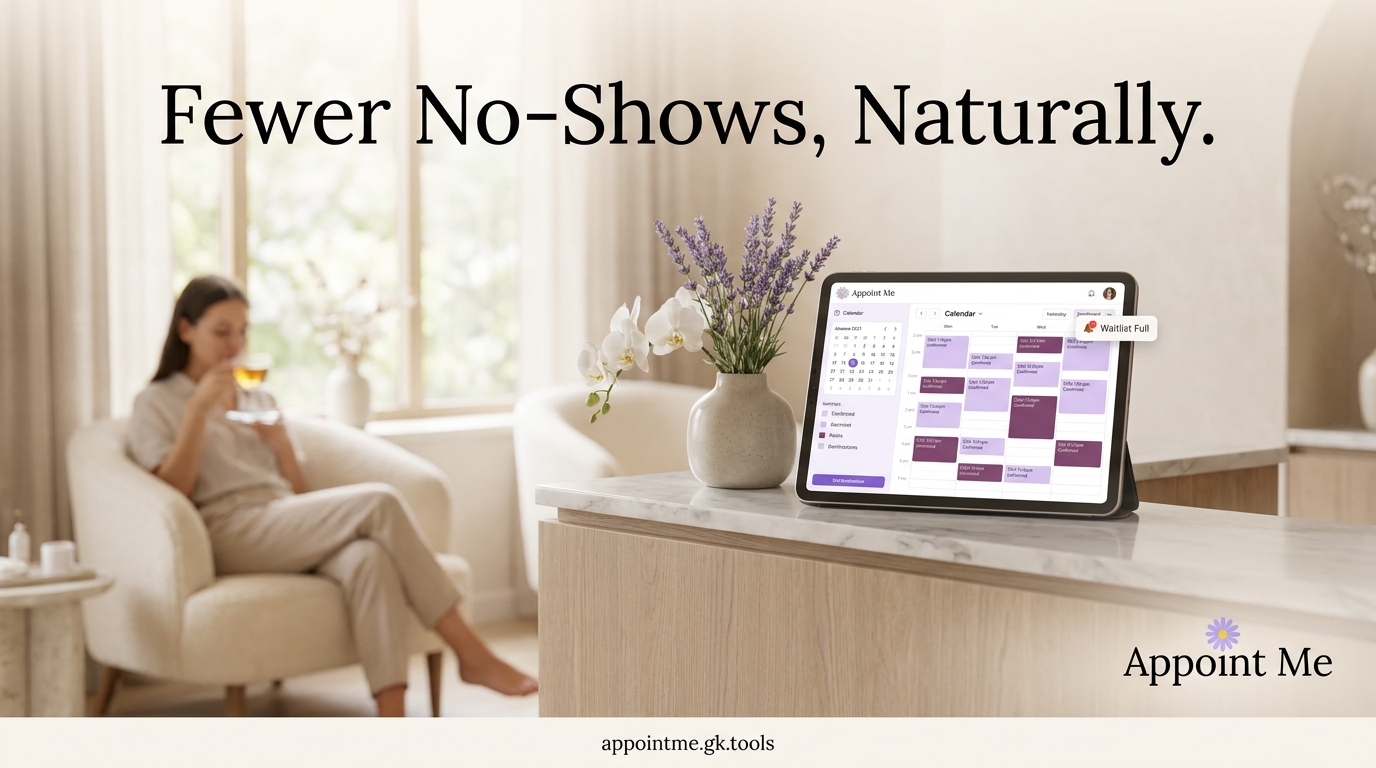 A calm salon reception with a tidy lavender booking calendar on a phone — Appoint Me, the feel-good booking system