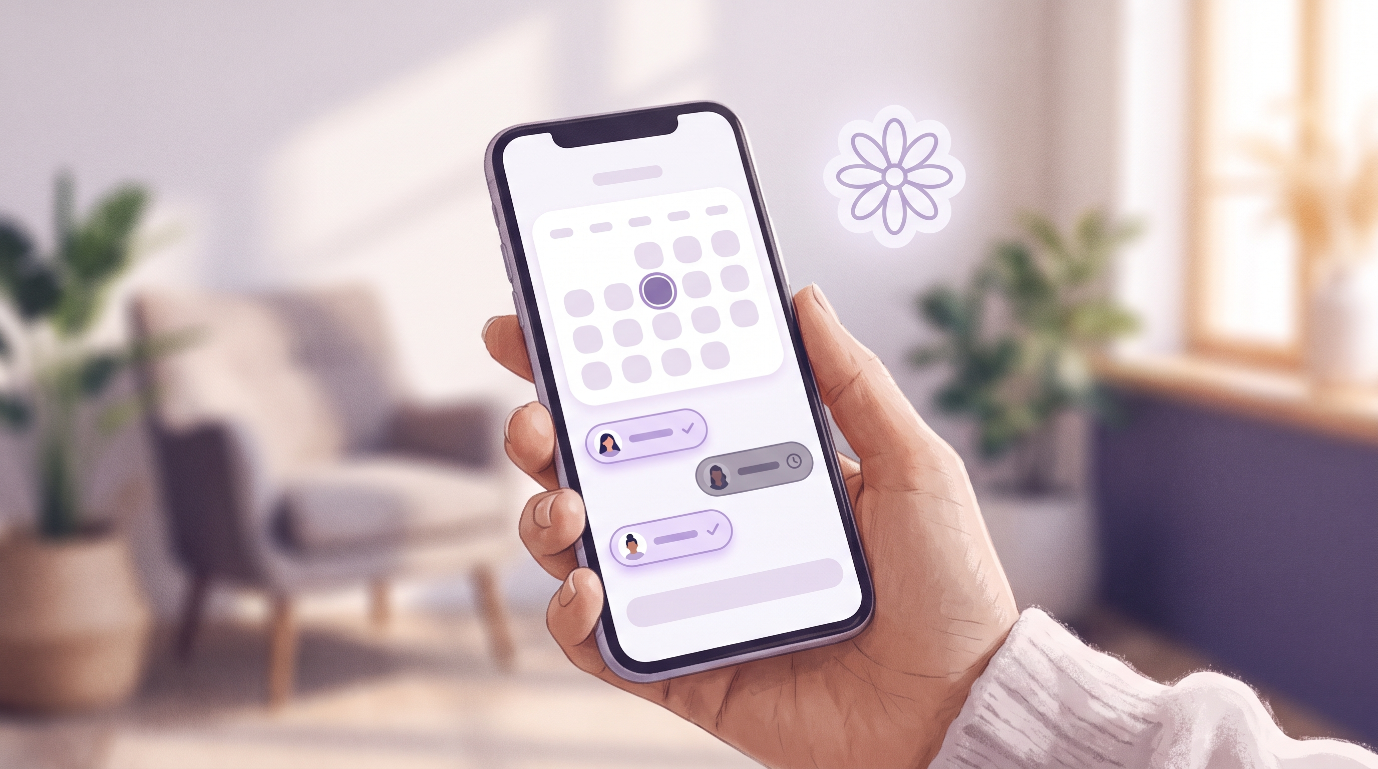 A hand holding a smartphone showing a booking app calendar with a date selected and a list of staff members, one shown available and one greyed out as not working that day, with a small daisy mark beside it.