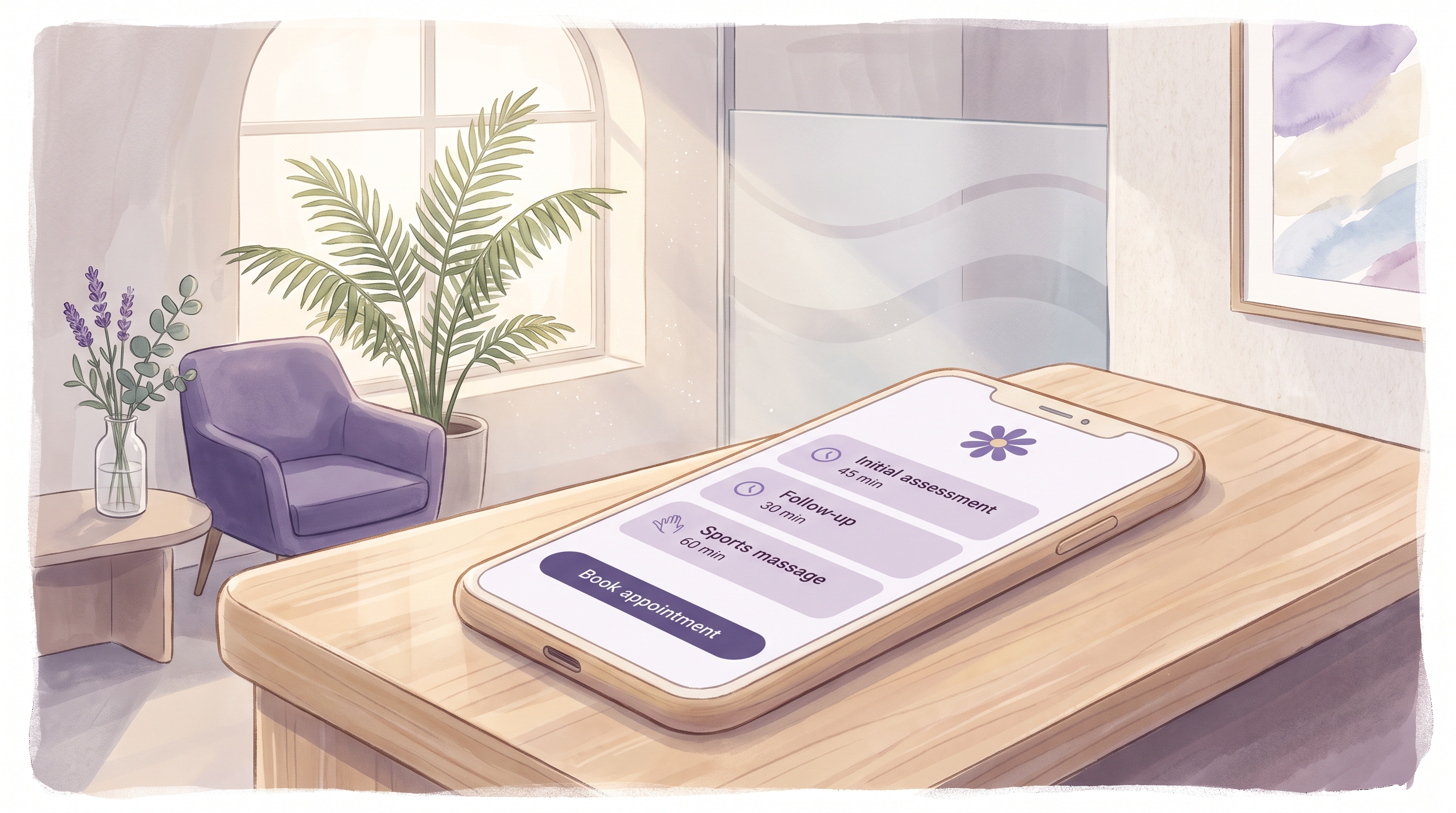Illustration of a calm clinic reception with a phone on the counter showing a short online booking service menu: initial assessment 45 min, follow-up 30 min, sports massage 60 min, with the Appoint Me daisy mark