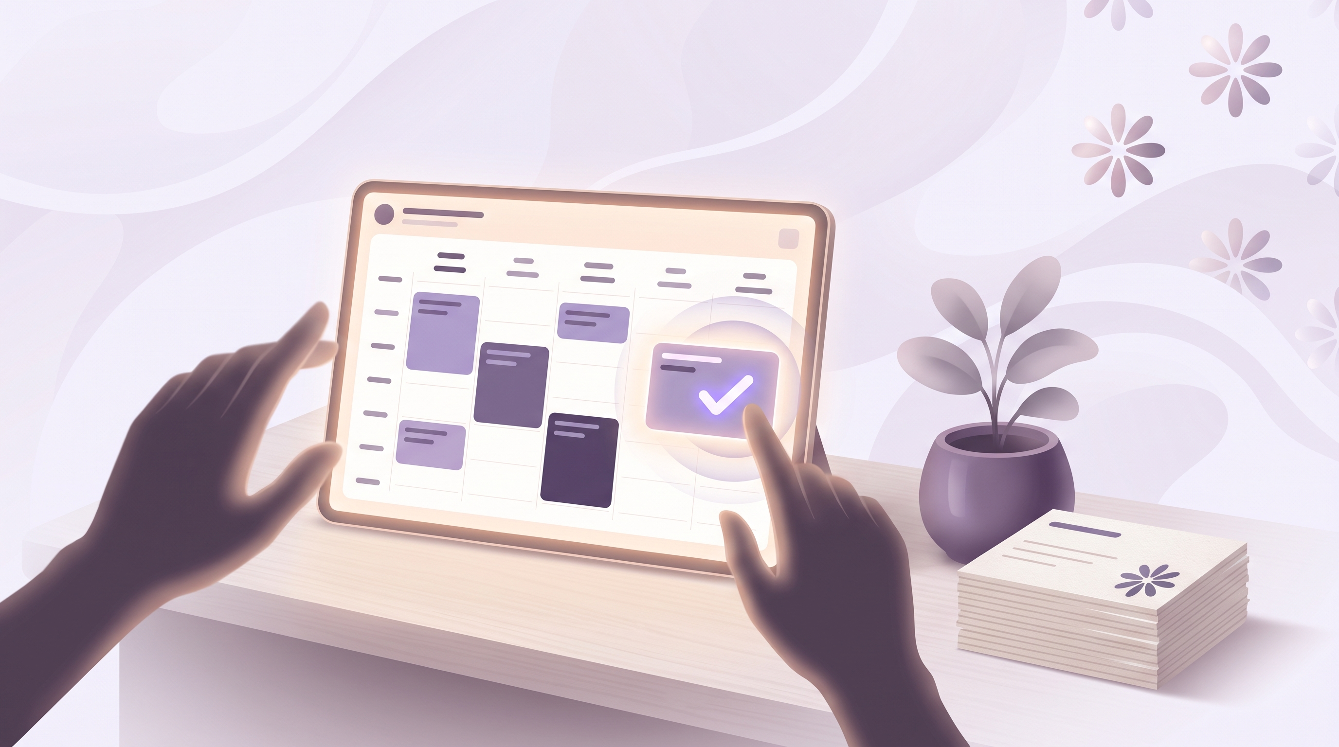 Illustration of hands tapping a tablet showing a tidy lavender booking calendar with a confirmed appointment, next to a plant and a stack of appointment cards on a reception desk