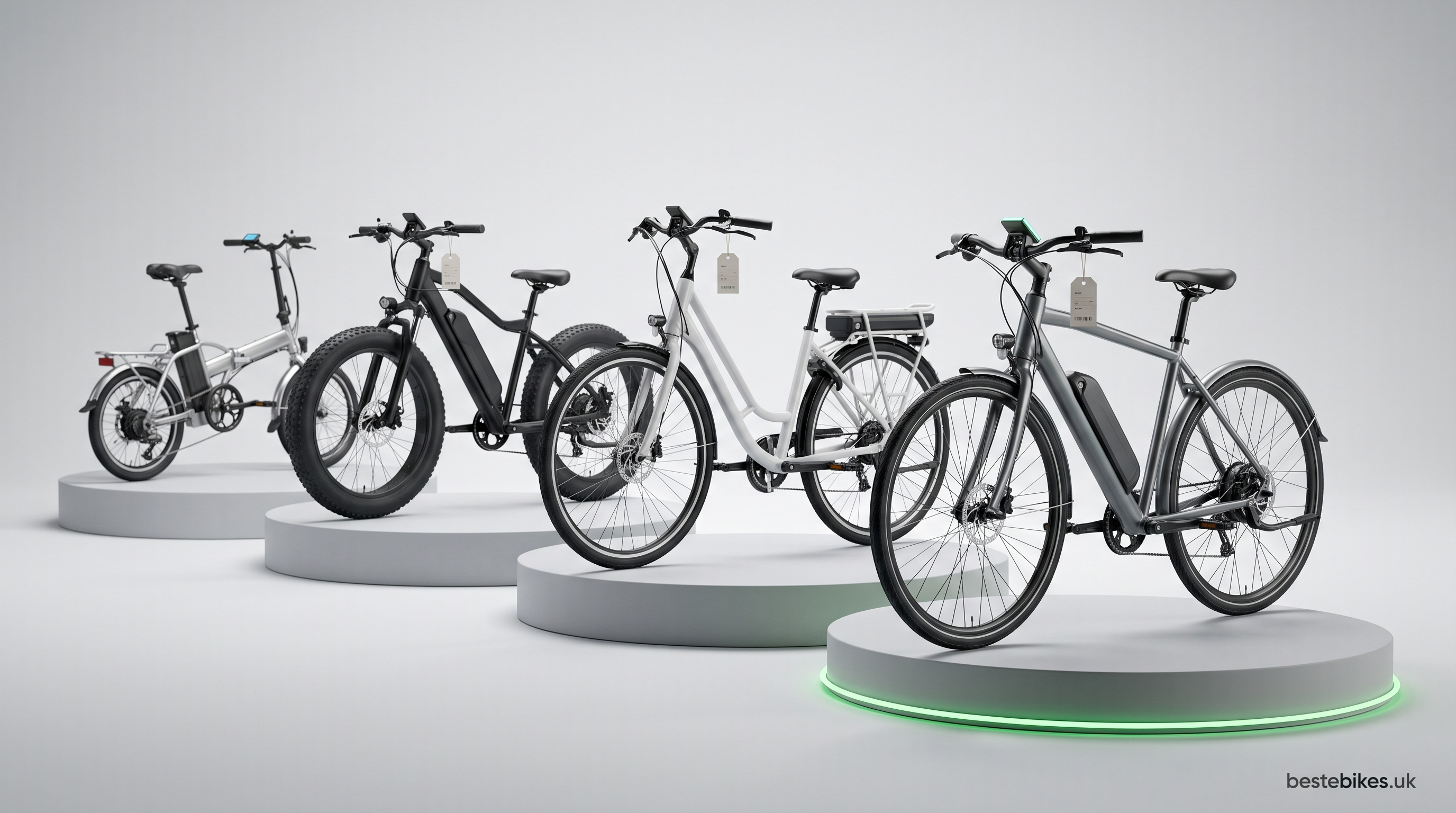 Studio line-up of four eBikes under £1,000 — folding, fat-tyre, step-through and commuter models with visible batteries on comparison podiums with price tags — bestebikes.uk buying guide