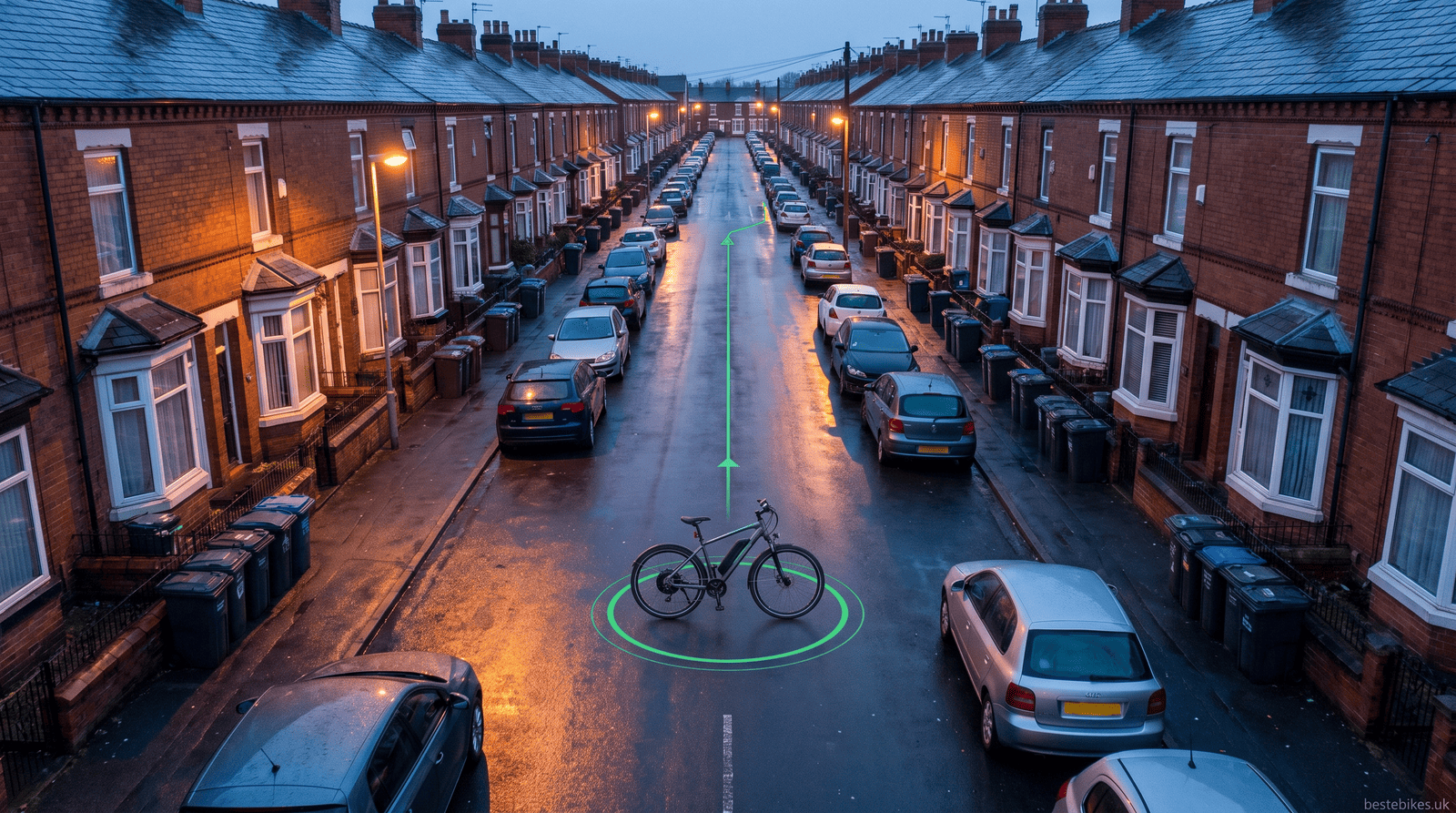 Aerial view of a UK terraced street at dusk with a parked eBike marked by a green GPS location ring and route line, illustrating GPS eBike tracking, bestebikes.uk