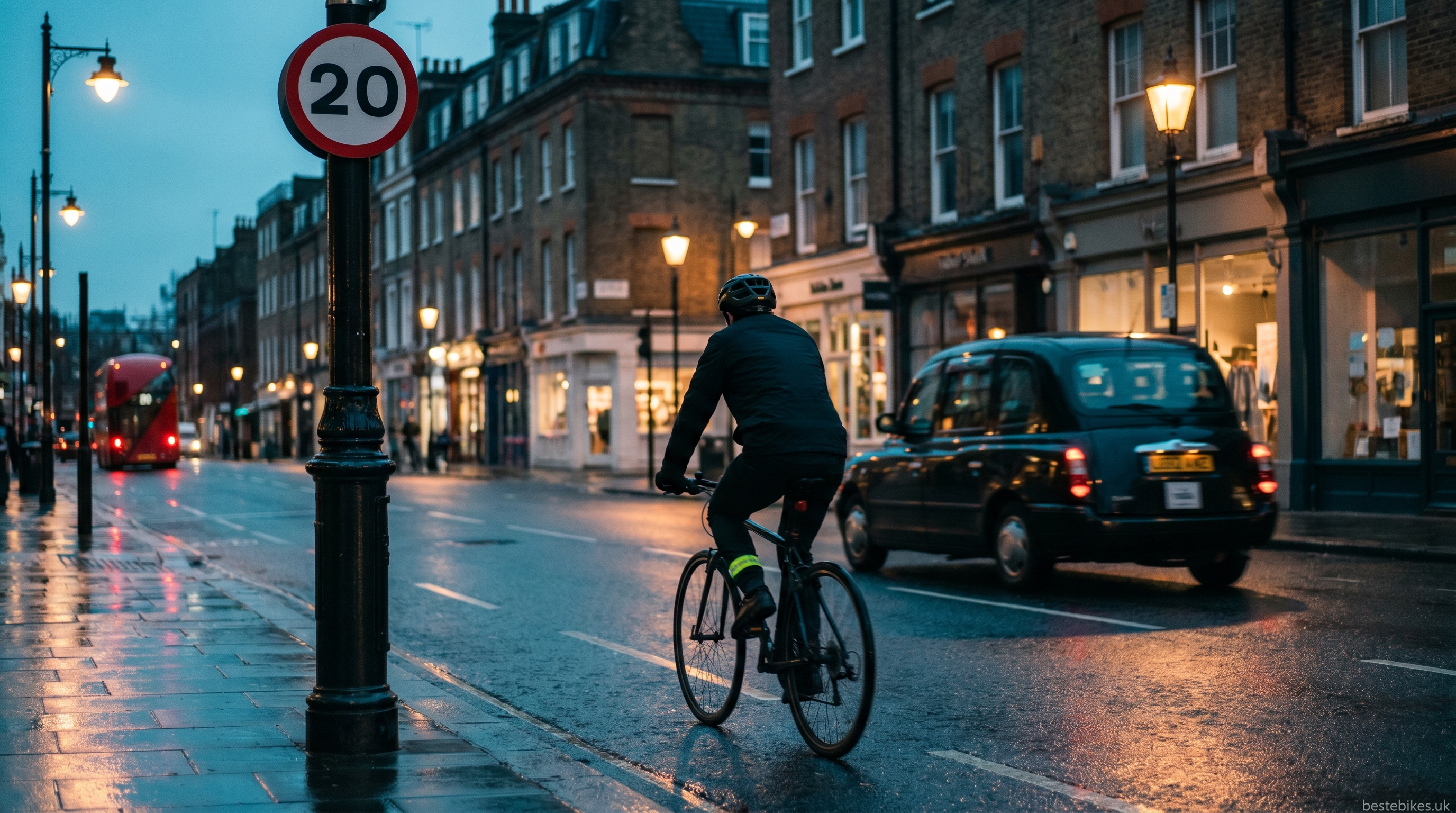 A solitary cyclist in a UK 20 mph zone at evening blue hour, passing a 20 mph speed-limit sign