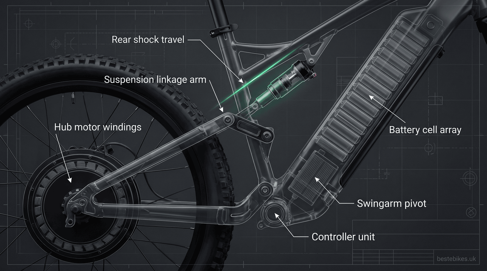 Technical cutaway of an eBike rear shock, suspension linkage, hub motor and battery cells for a dual suspension eBike guide, bestebikes.uk