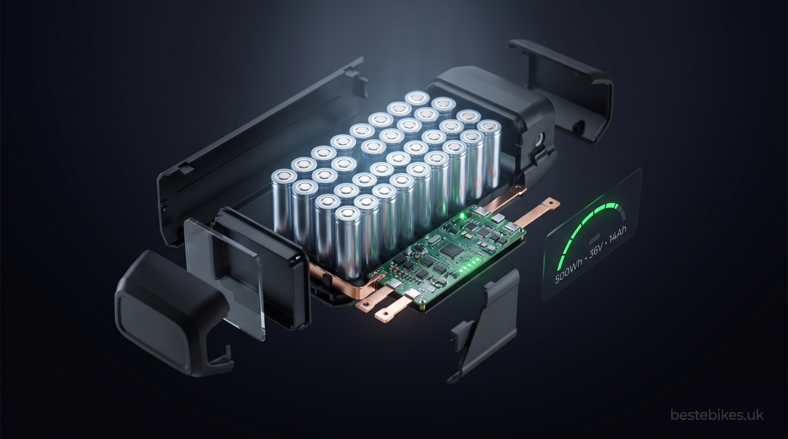 Technical exploded-view product render of an e-bike battery showing internal 18650 cells, BMS circuit board, terminals, and capacity gauge — bestebikes.uk