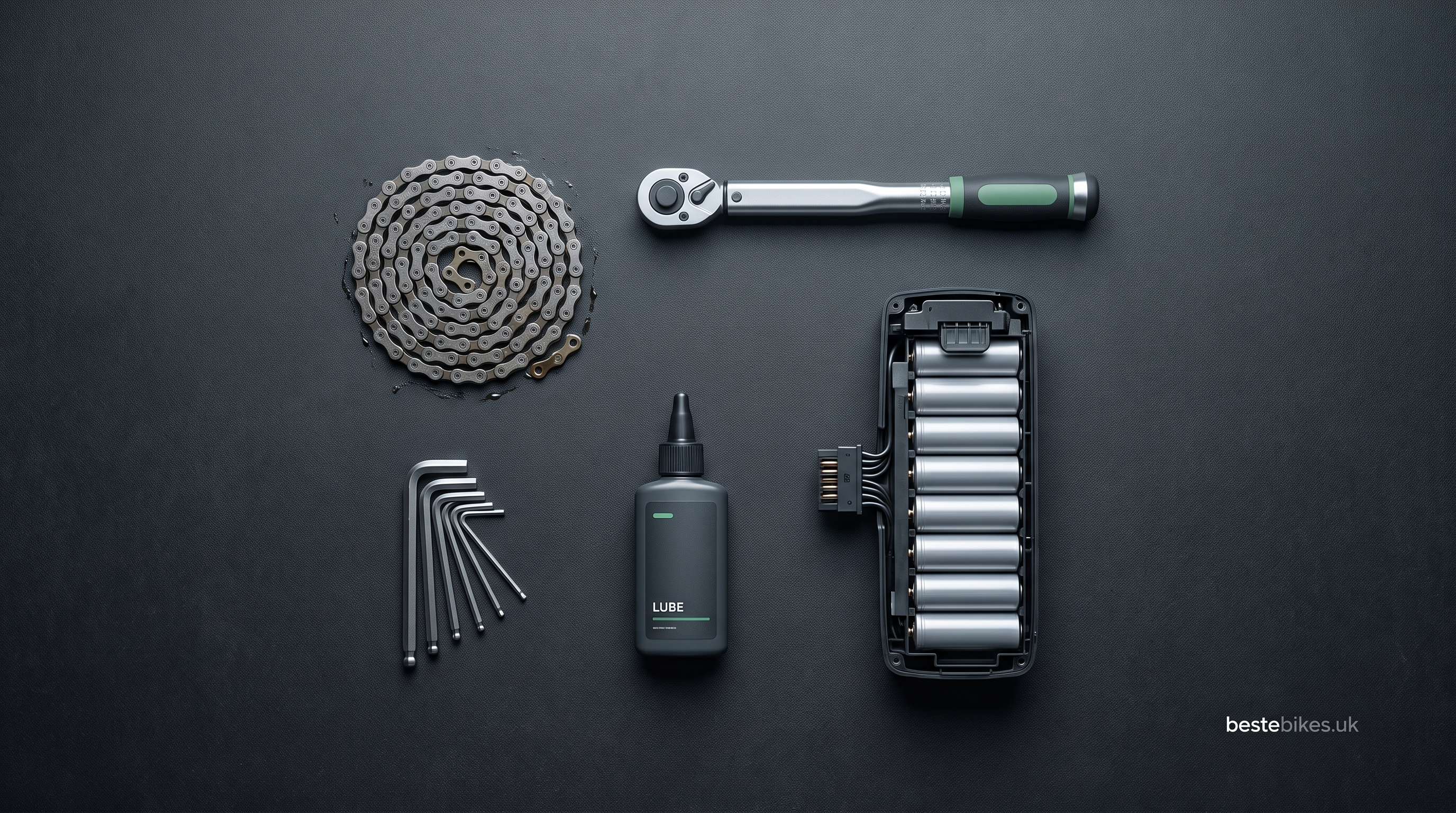 Overhead workshop flat-lay of eBike maintenance tools including a chain, torque wrench, Allen keys, chain lube and an open battery pack, on bestebikes.uk