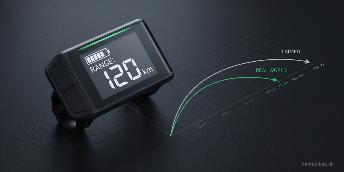Macro render of an eBike handlebar display showing battery and range readout beside a diagram comparing claimed versus real-world eBike range — bestebikes.uk