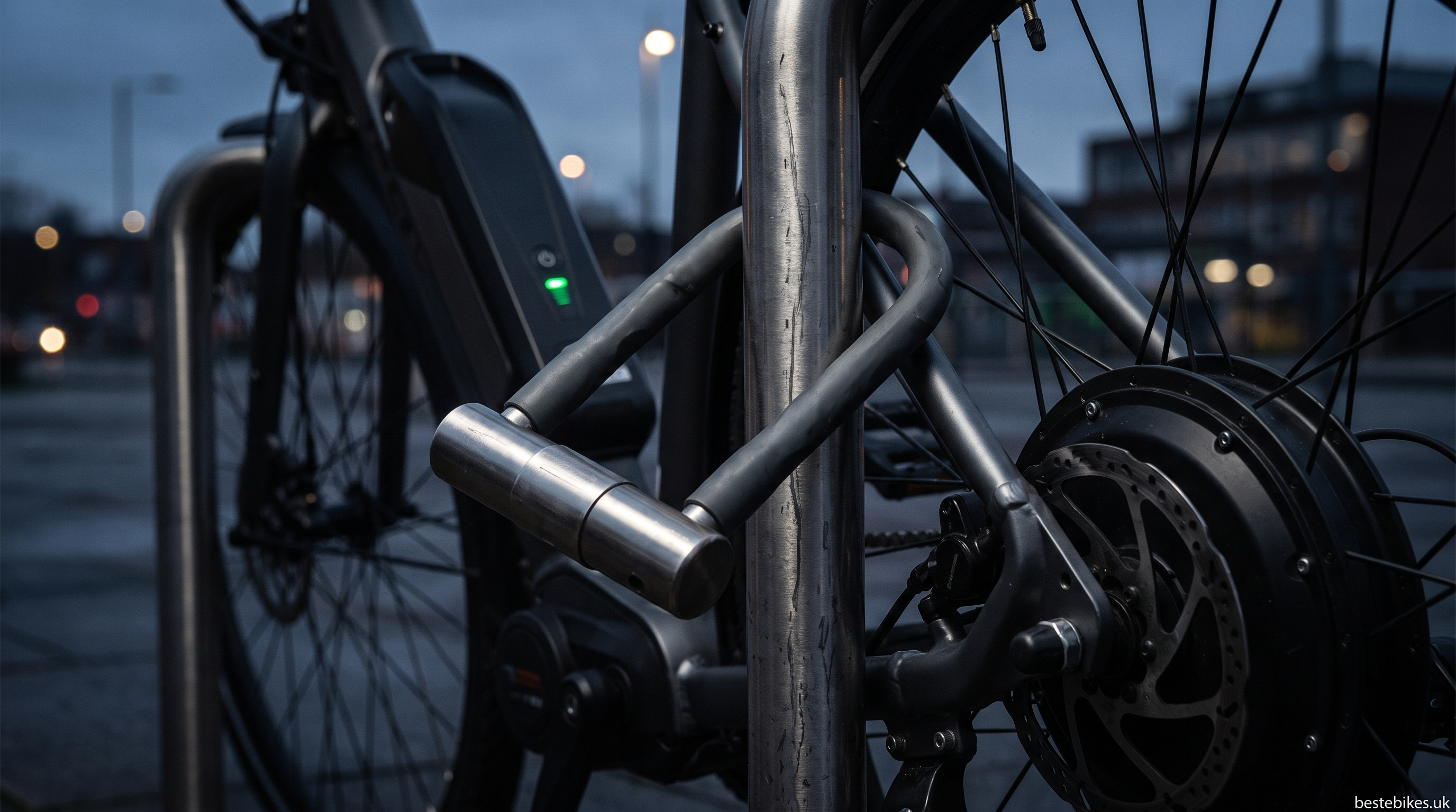 Close-up of a hardened steel D-lock secured through an eBike frame at a dusk bike stand, battery and rear hub motor visible — eBike security guide from bestebikes.uk