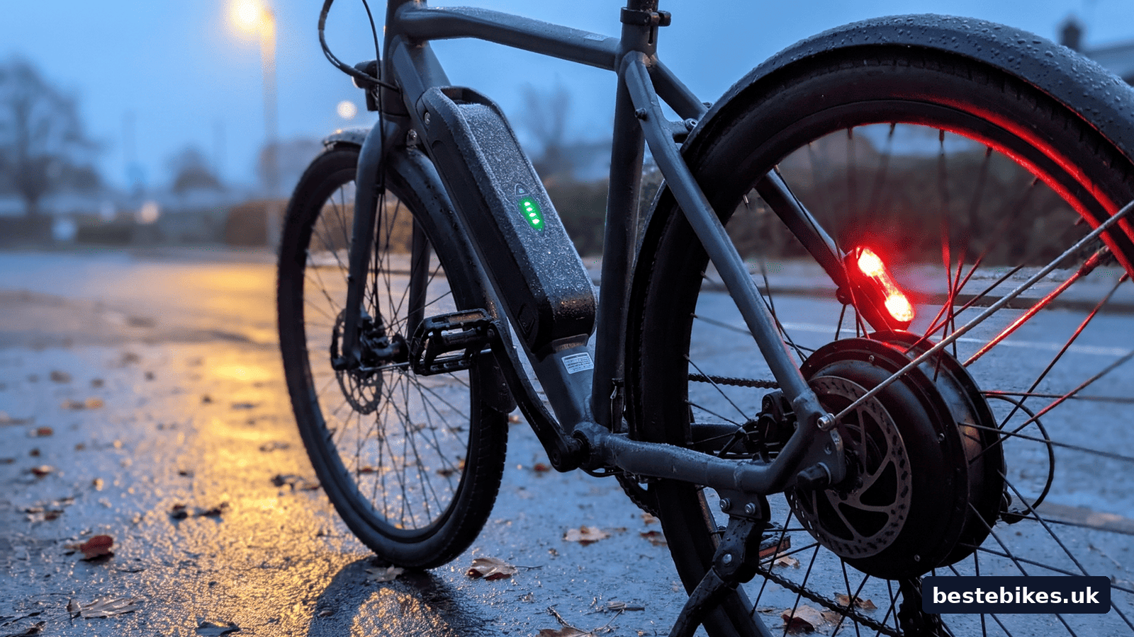 Primer plano de una eBike urbana sobre asfalto mojado al amanecer en invierno, con la batería en el cuadro y sus luces verdes de carga, el motor en el buje trasero, el freno de disco y la luz trasera roja encendida, para una guía sobre circular en eBike en invierno, bestebikes.uk