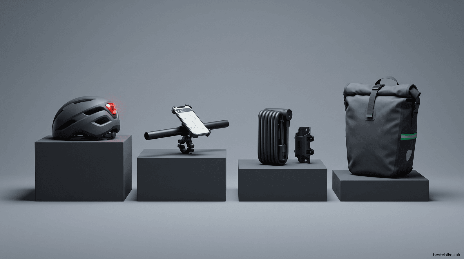 Alignement en studio des quatre accessoires eBike essentiels, classés sur des socles en gradins : un casque de vélo avec feu arrière, un support de téléphone pour guidon, un antivol pliant et une sacoche étanche, de bestebikes.uk