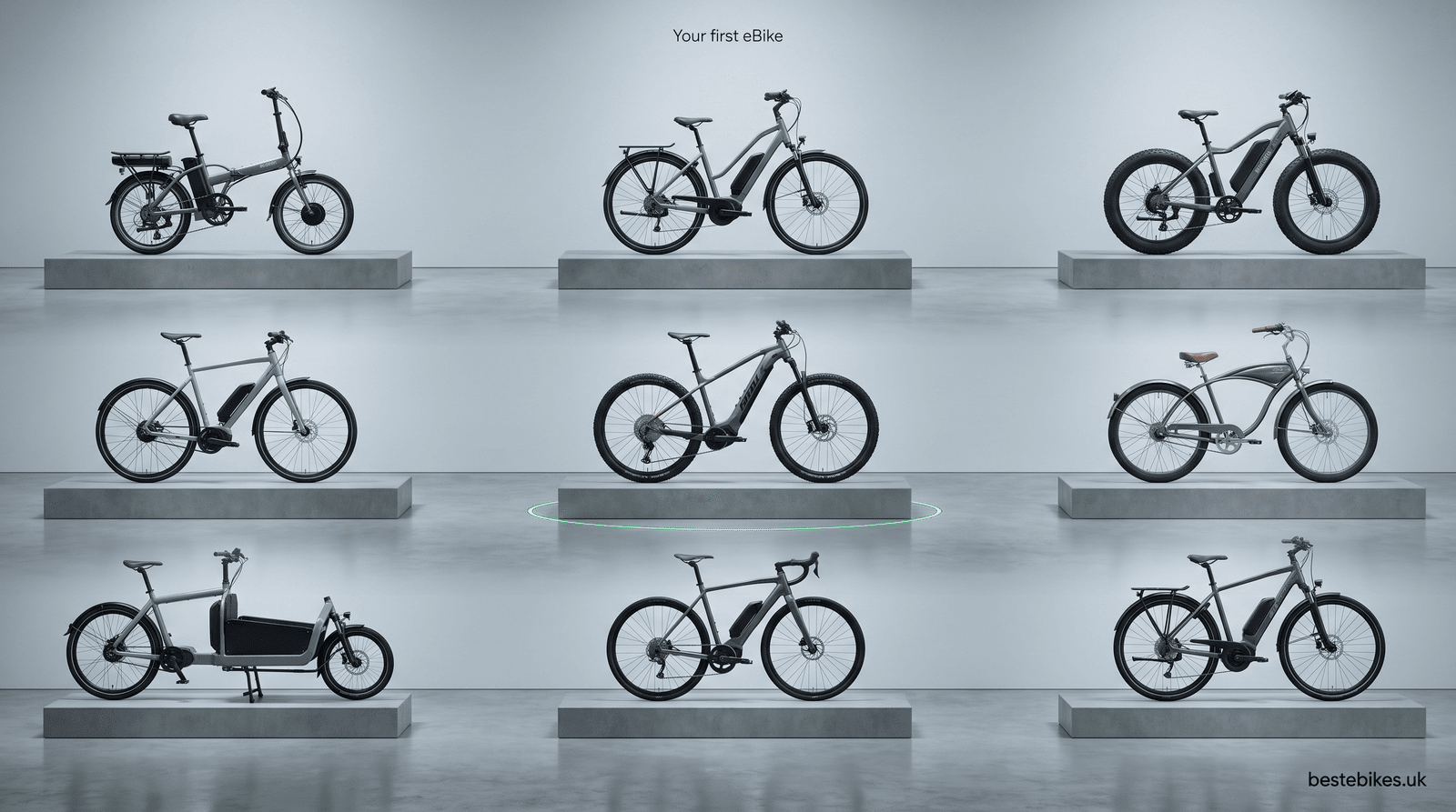 Showroom grid of nine eBikes of different types on plinths, each with a visible battery and motor, illustrating the Best eBikes UK first eBike buying guide - bestebikes.uk