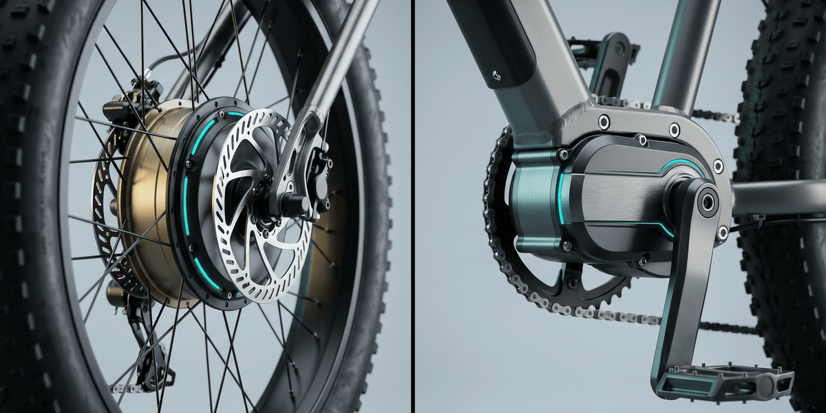 Split-screen technical comparison of an e-bike rear hub motor versus a mid-drive crank motor — bestebikes.uk