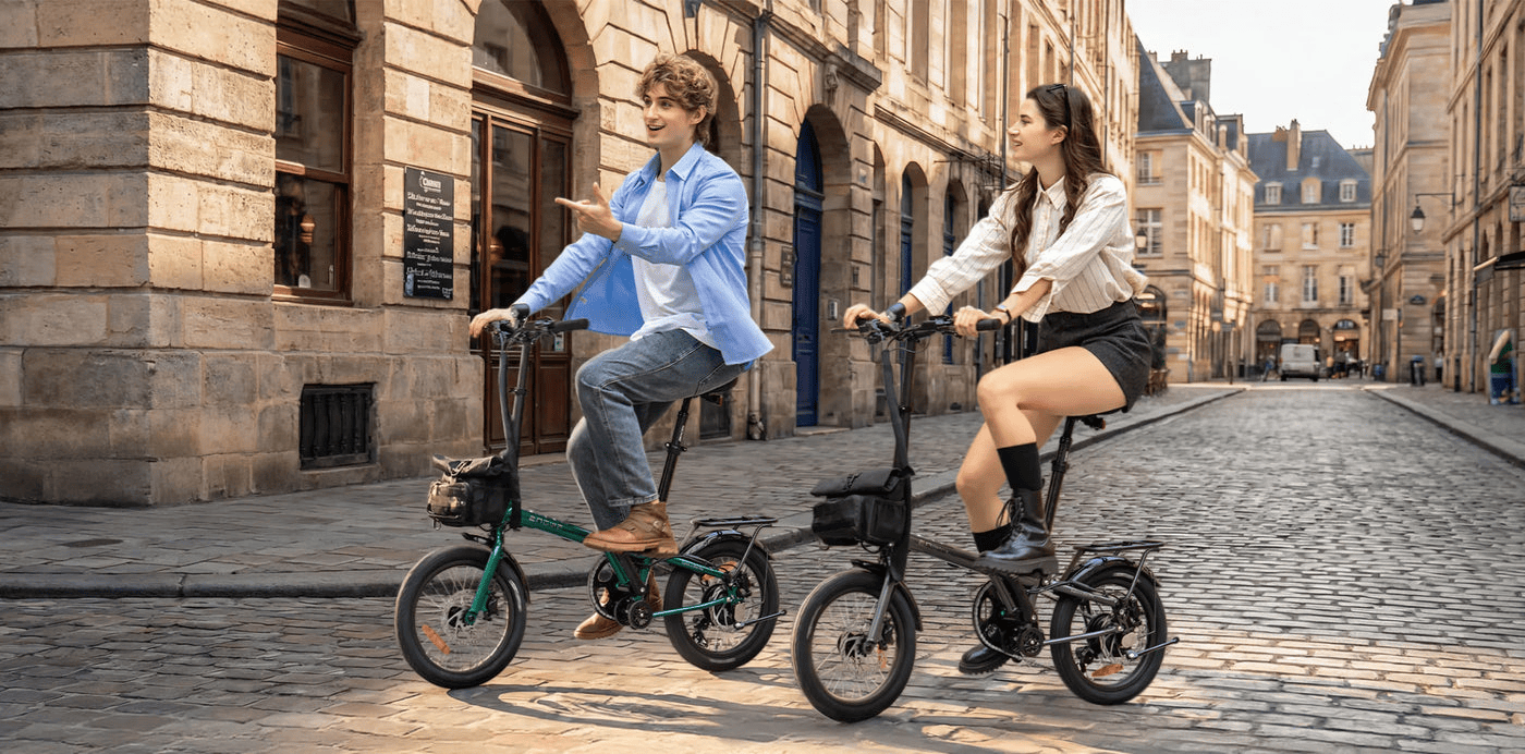 Two riders on Engwe Zip folding electric bikes in a city street