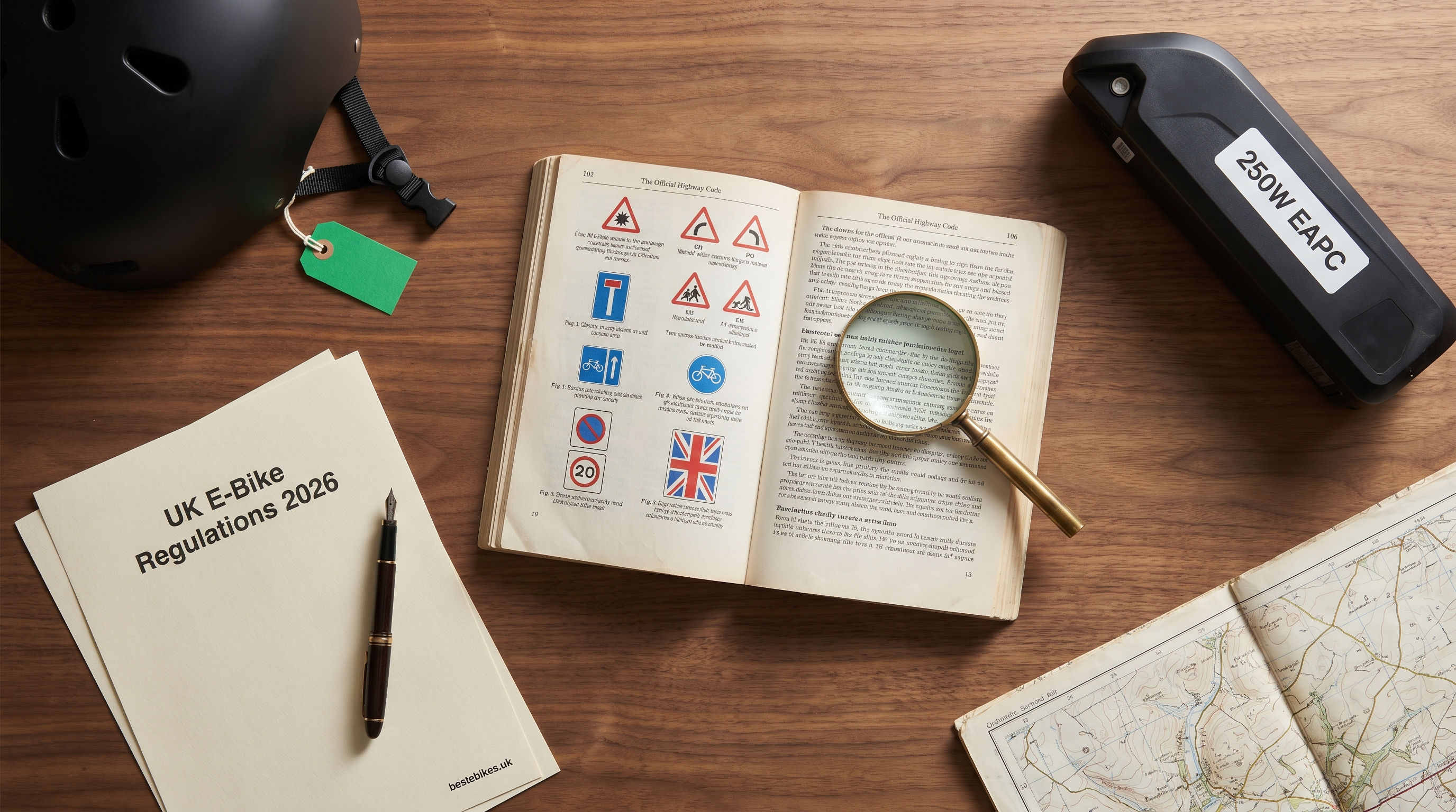 Editorial flat-lay of UK e-bike legal compliance items — Highway Code book, EAPC compliance tag, helmet, papers and pen on a walnut desk — bestebikes.uk