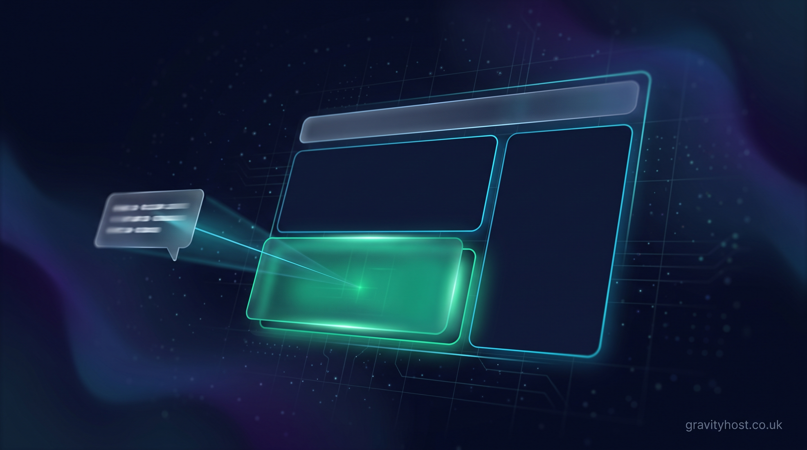 A dark navy website layout of frosted-glass panels with a new glowing emerald section sliding into place, guided by a beam of light from a chat bubble