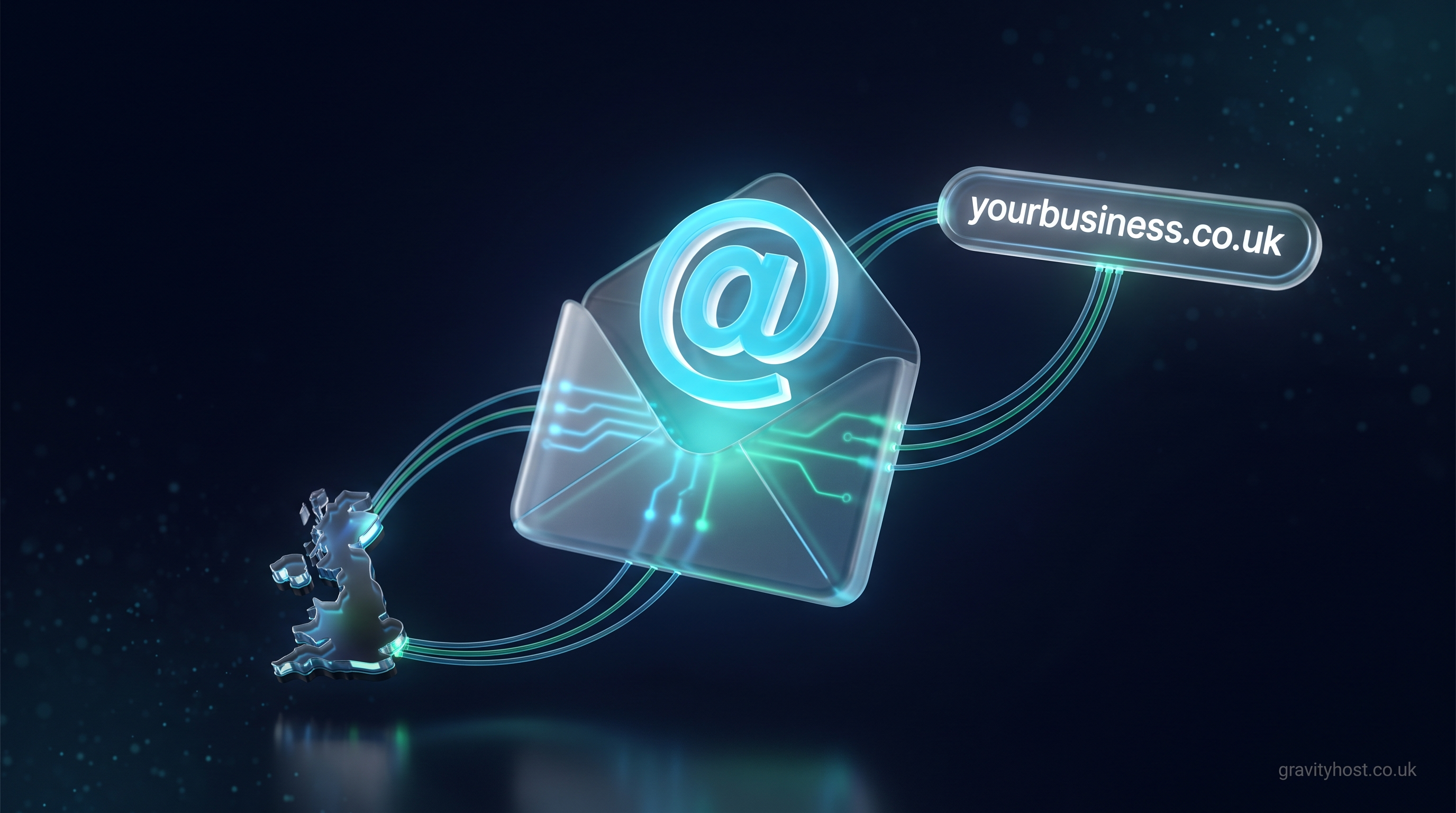 Frosted-glass email envelope with a glowing cyan @ symbol linked to a UK-shaped node and a yourbusiness.co.uk address bar on a dark navy Gravity Host background