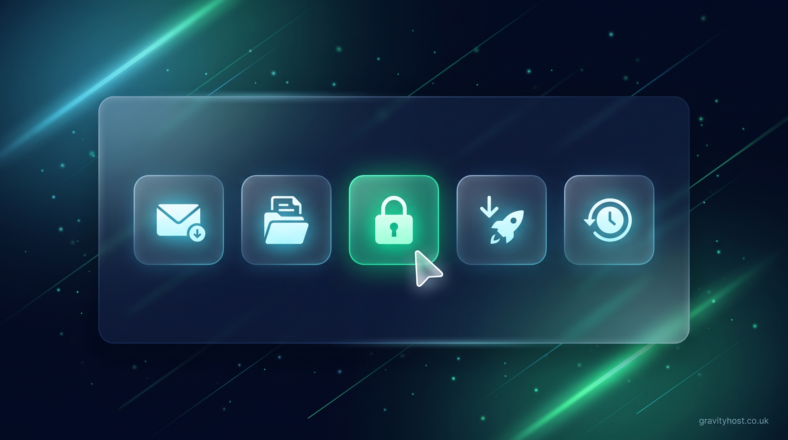Frosted-glass hosting dashboard with glowing icons for email, files, an SSL padlock, one-click installs and backups on a dark navy background