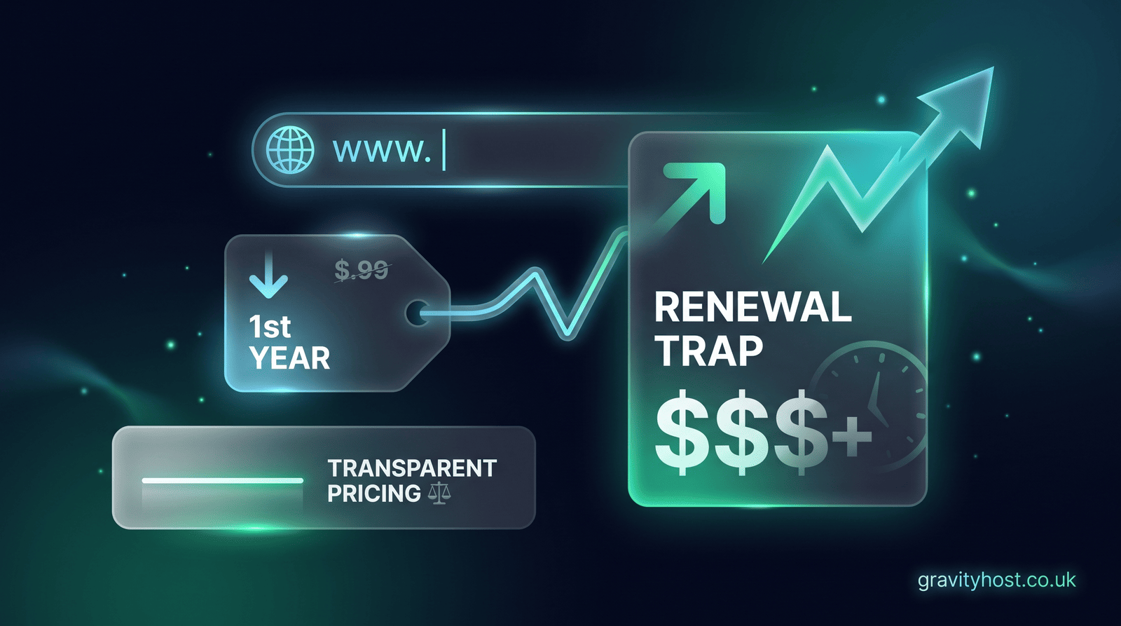 Two glowing price tags — a tiny first-year price beside a much larger renewal price with an upward spike — illustrating the domain renewal trap