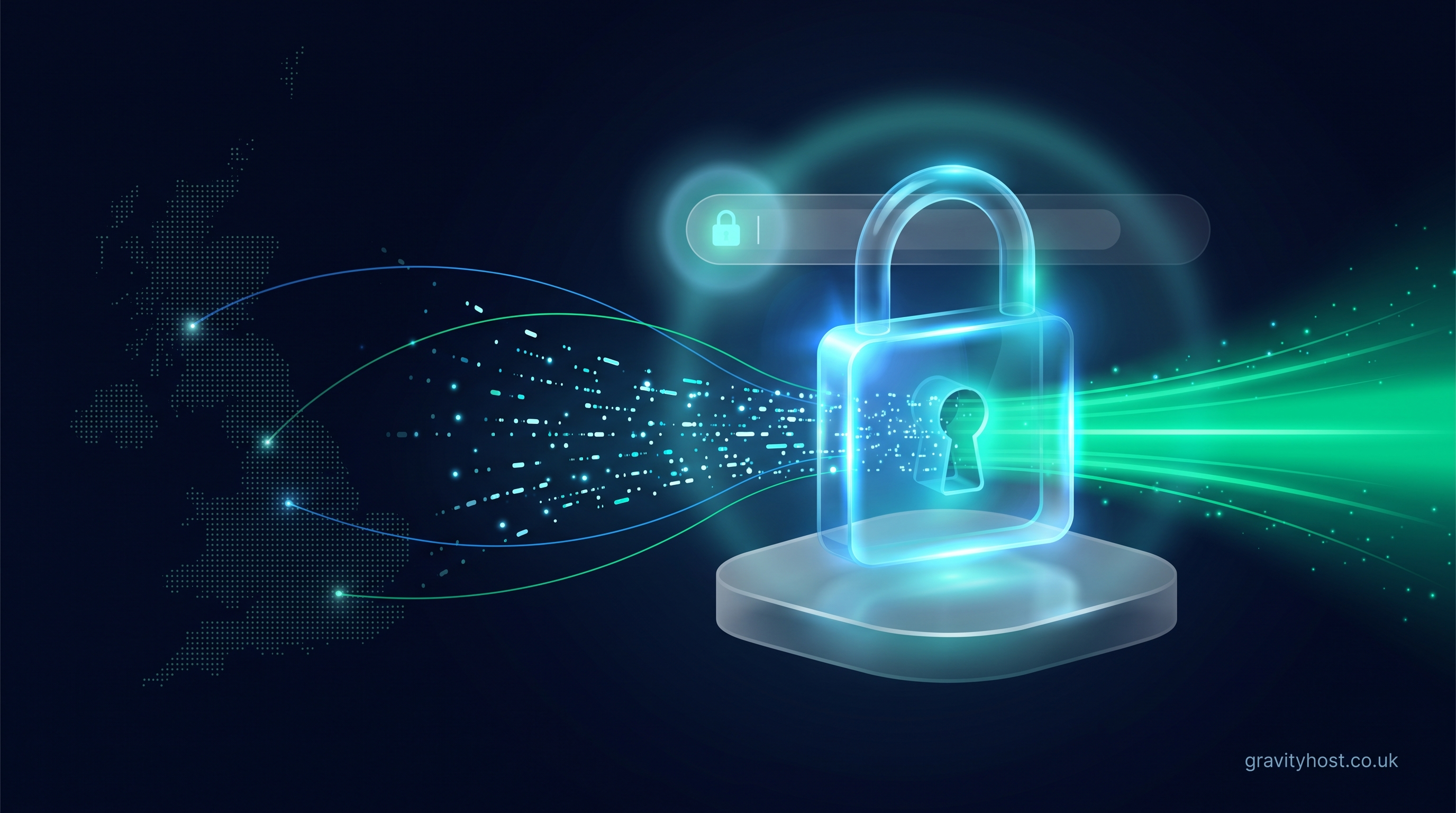 Glowing glass padlock encrypting streams of data over a dark navy background with a dotted map of the UK, representing free SSL and HTTPS on UK web hosting