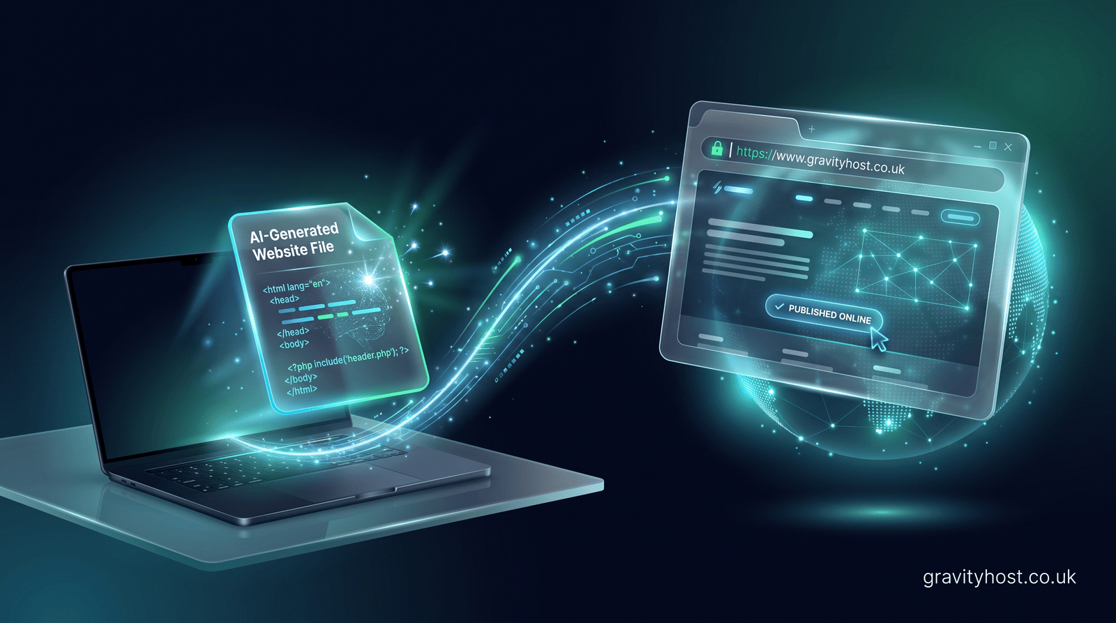 An AI-generated HTML and PHP file flowing along a glowing arc into a live browser window — publishing an AI-built website
