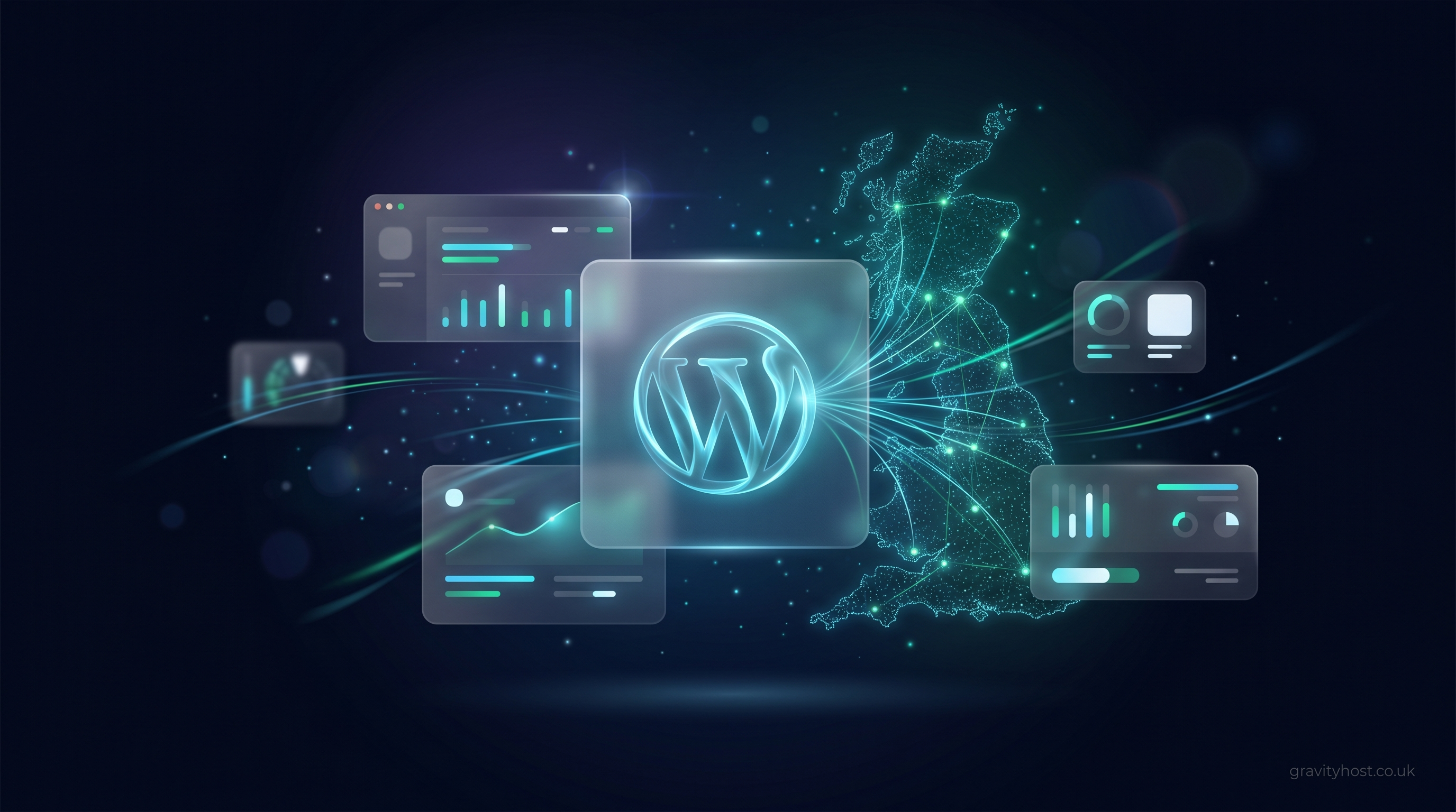 Abstract dark-tech illustration of a glowing WordPress mark linked to a particle outline of the UK, representing UK WordPress hosting