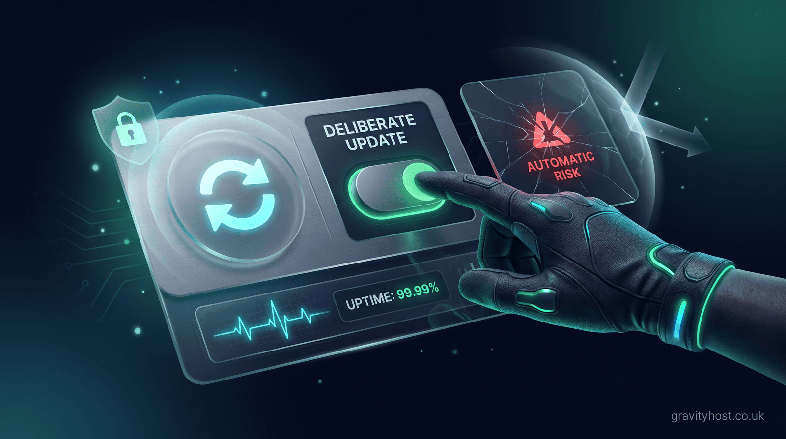 Dark control panel with an update toggle, a protective shield and an uptime monitor line — deliberate WordPress updates