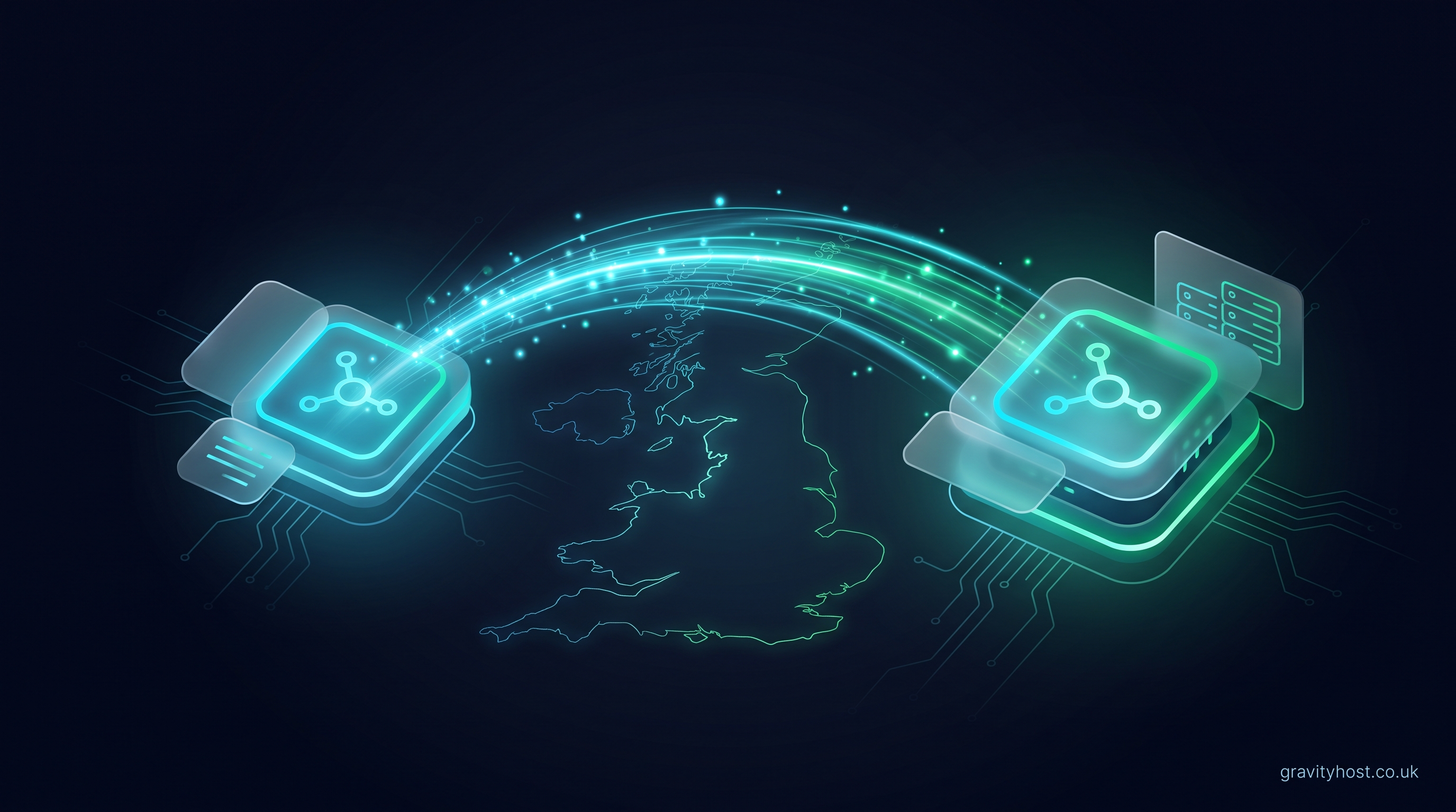 Abstract illustration of a website migrating seamlessly between two glowing server nodes over an outline of the UK, symbolising zero-downtime hosting migration
