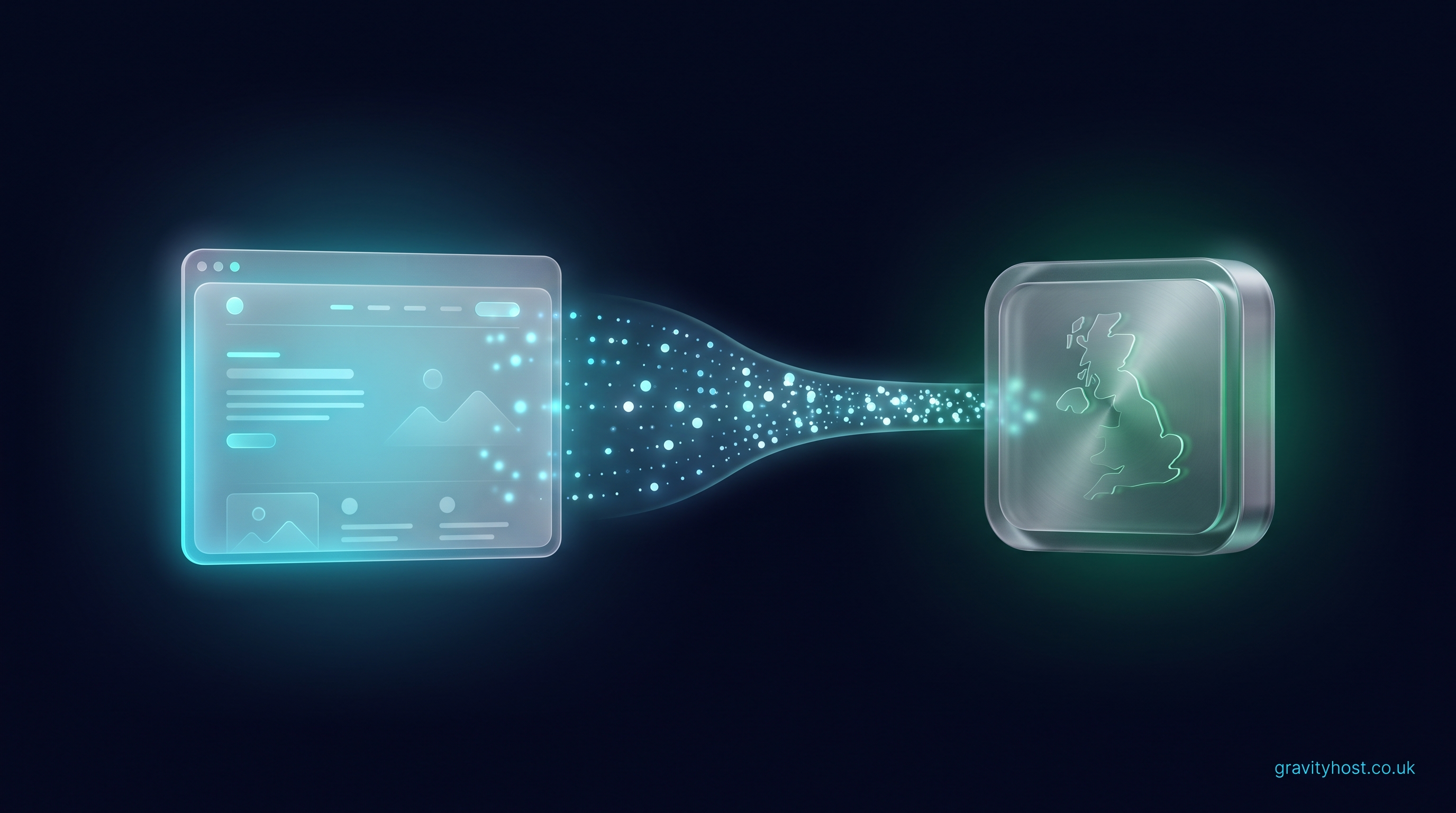 An abstract illustration of a finished website card streaming as glowing particles into a UK-shaped hosting vault, representing a site moving from a free address onto owned hosting