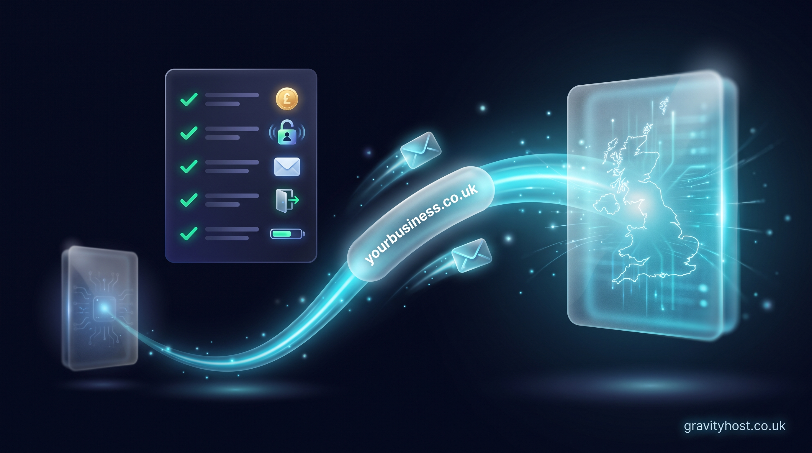 A glowing yourbusiness.co.uk domain capsule travelling along a cyan arc to a UK server, beside a checklist of ticked questions on cost, privacy, email, leaving and storage