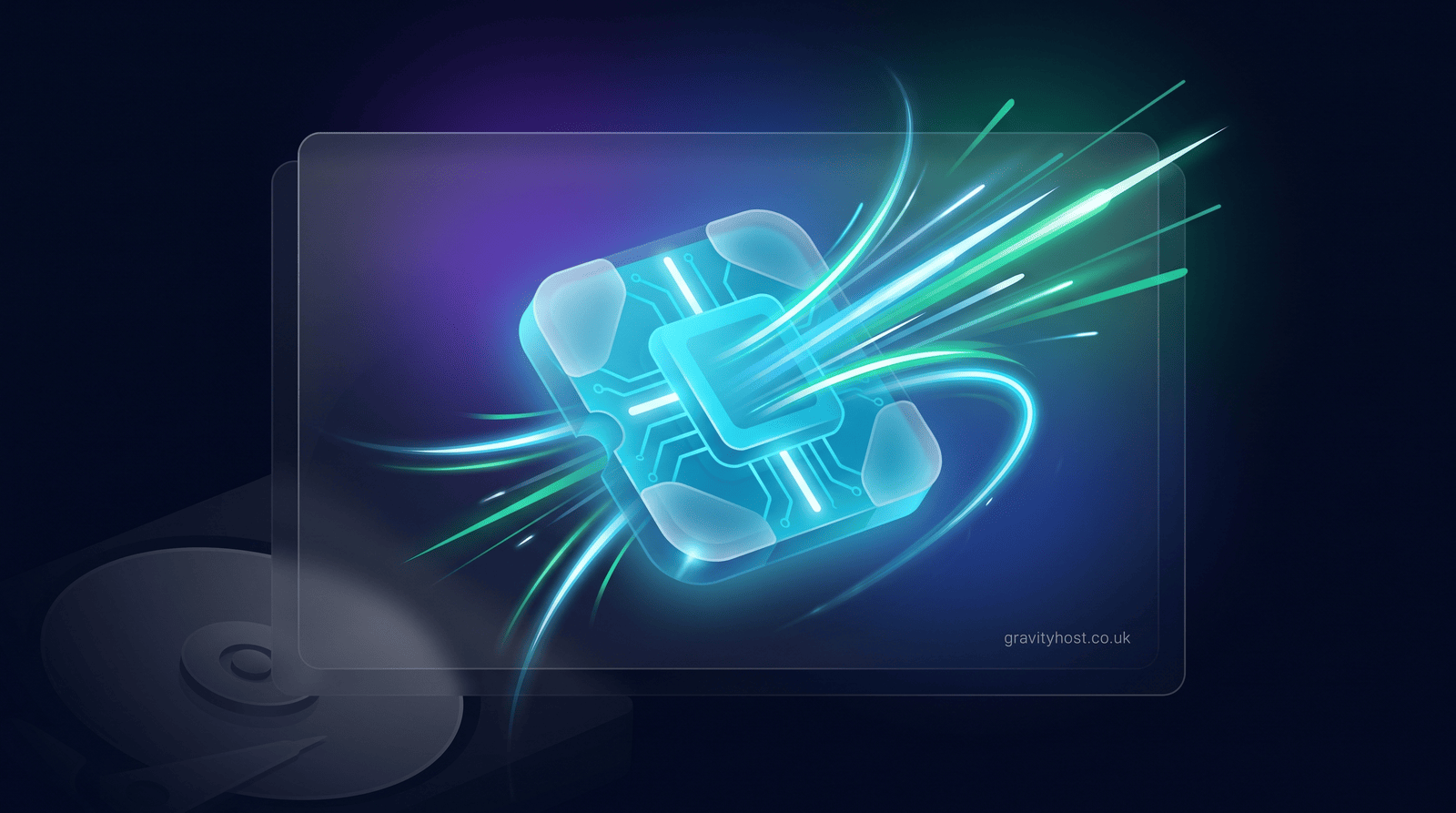 Abstract illustration of a glowing cyan NVMe memory chip with fast light trails, next to a dim fading spinning hard disk shape, on a dark navy background