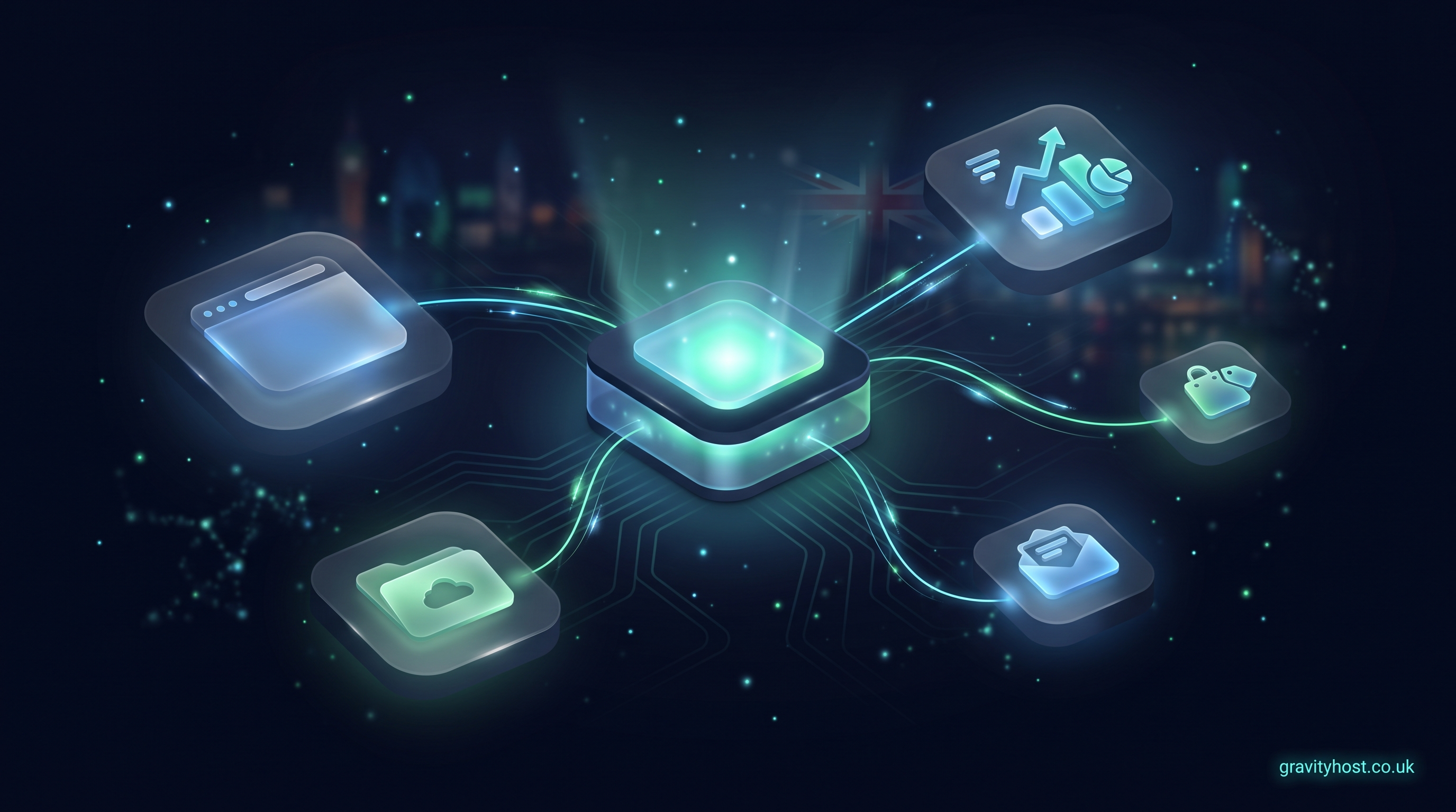Illustration of a glowing central server node connected by light trails to app icons for a website, cloud storage, analytics, an online shop and email, representing one-click app installs on UK hosting