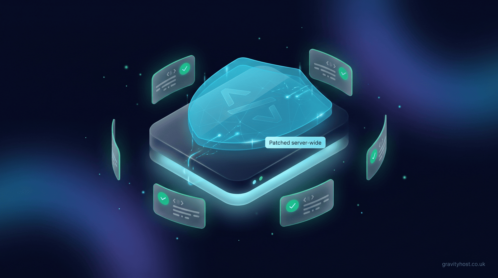 A glowing cyan shield labelled 'Patched server-wide' covering a server node, ringed by website cards each marked with a green tick