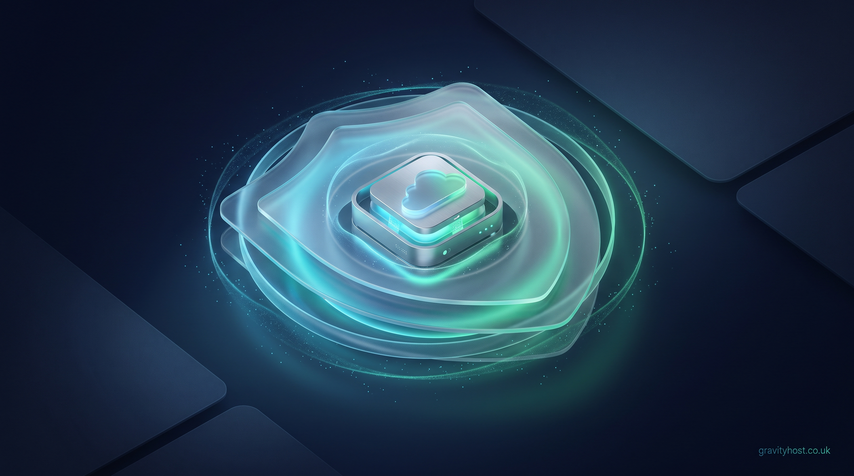 Abstract glowing shield of frosted-glass layers protecting a small server node, representing layered website security, on a dark navy Gravity Host background